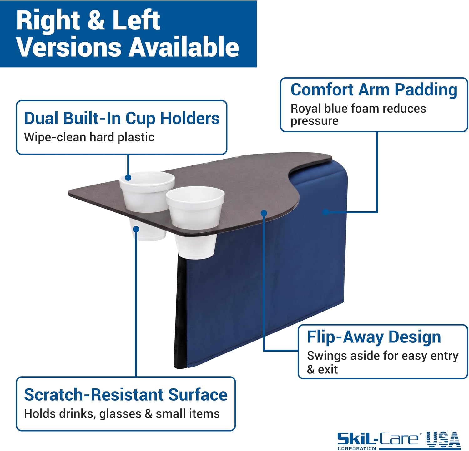 Skil-Care Left Side Wheelchair Flip Tray, 23"W x 19.5"D, Scratch-Resistant | 705032, Scratch-Resistant Surface, Two Cup Holders, Convenient Flip-Away Design, Fits All Standard Wheelchair Armrests, Left