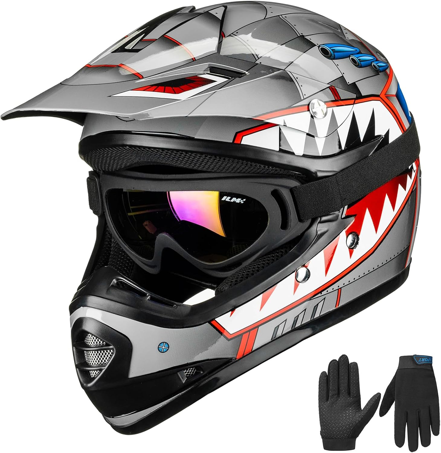ILM Youth Kids ATV Motocross Helmet Goggles Sports Gloves Dirt Bike Motorcycle Off Road DOT Approved B07 (Youth-L, Matte Black)
