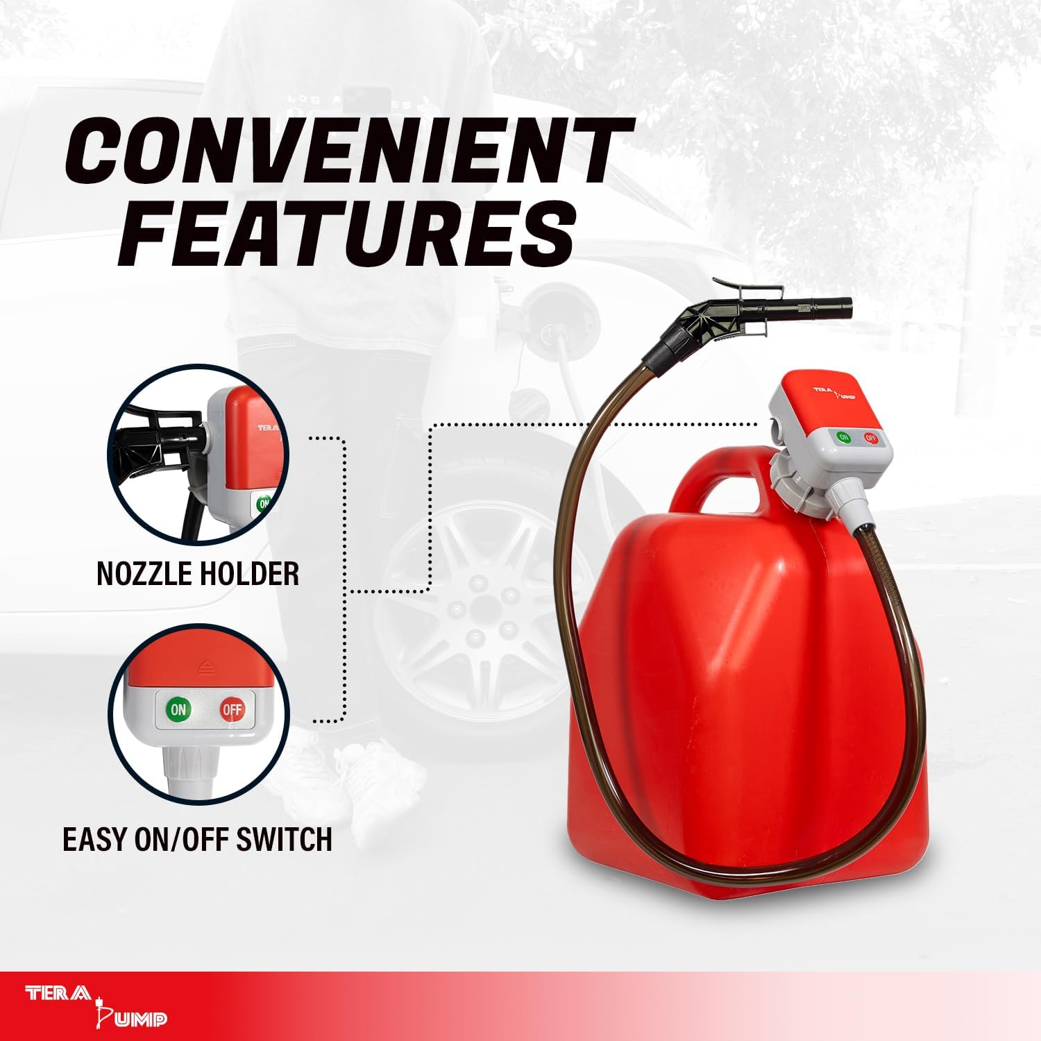 TERA PUMP Next Gen Garage Gas Can Pump with Auto-Stop | No Heavy Gas Can Lifting, 39" Strong Vinyl Hose, Flexible Intake Hose, Universal Adapter