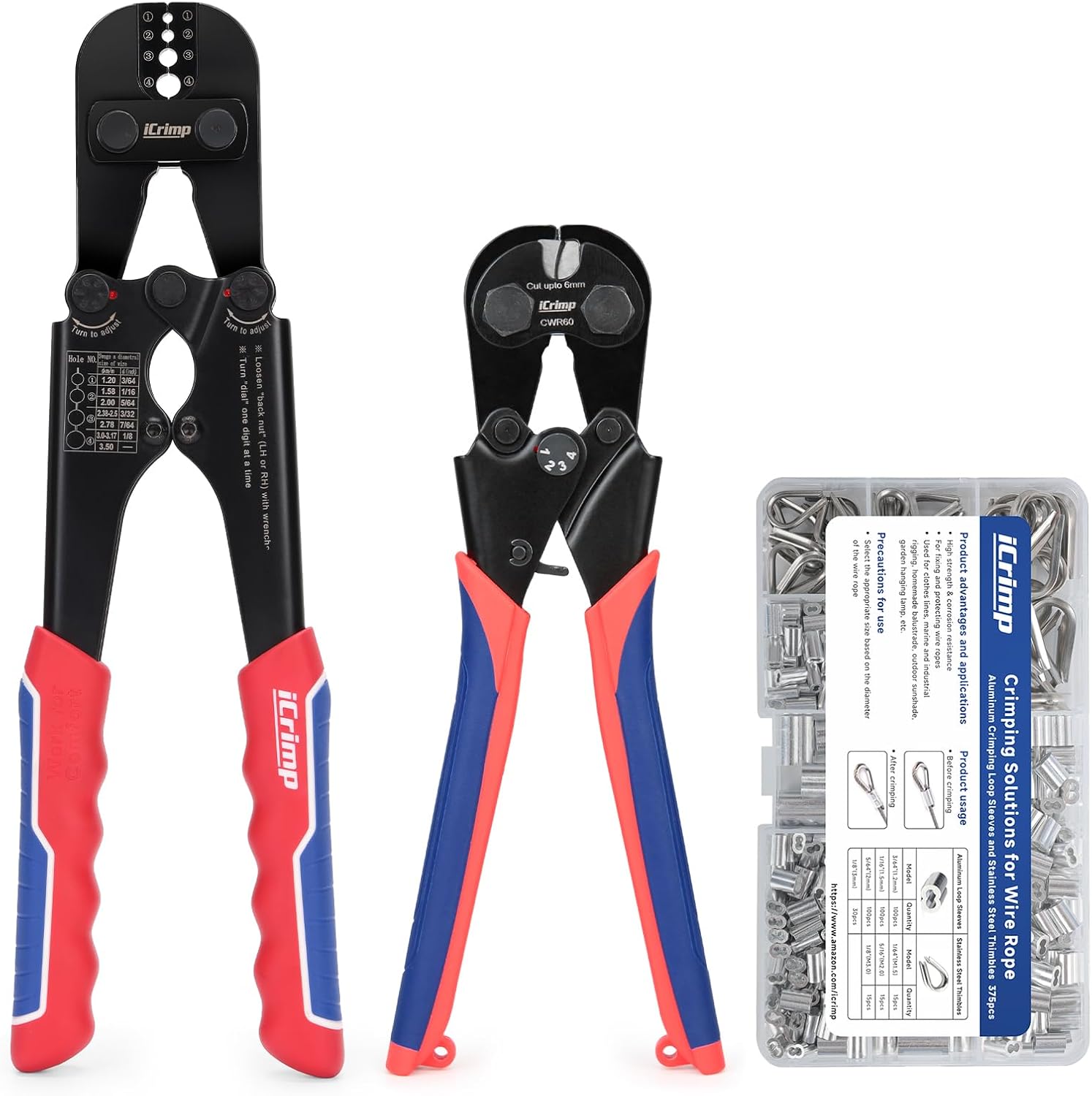 iCrimp IWS-1608M4 Wire Rope Crimper 3/64" to 1/8" 4 Dies | High carbon steel swaging tool for aluminum oval, double-barrel & annealed copper sleeves; ideal for railing, cable & fishing