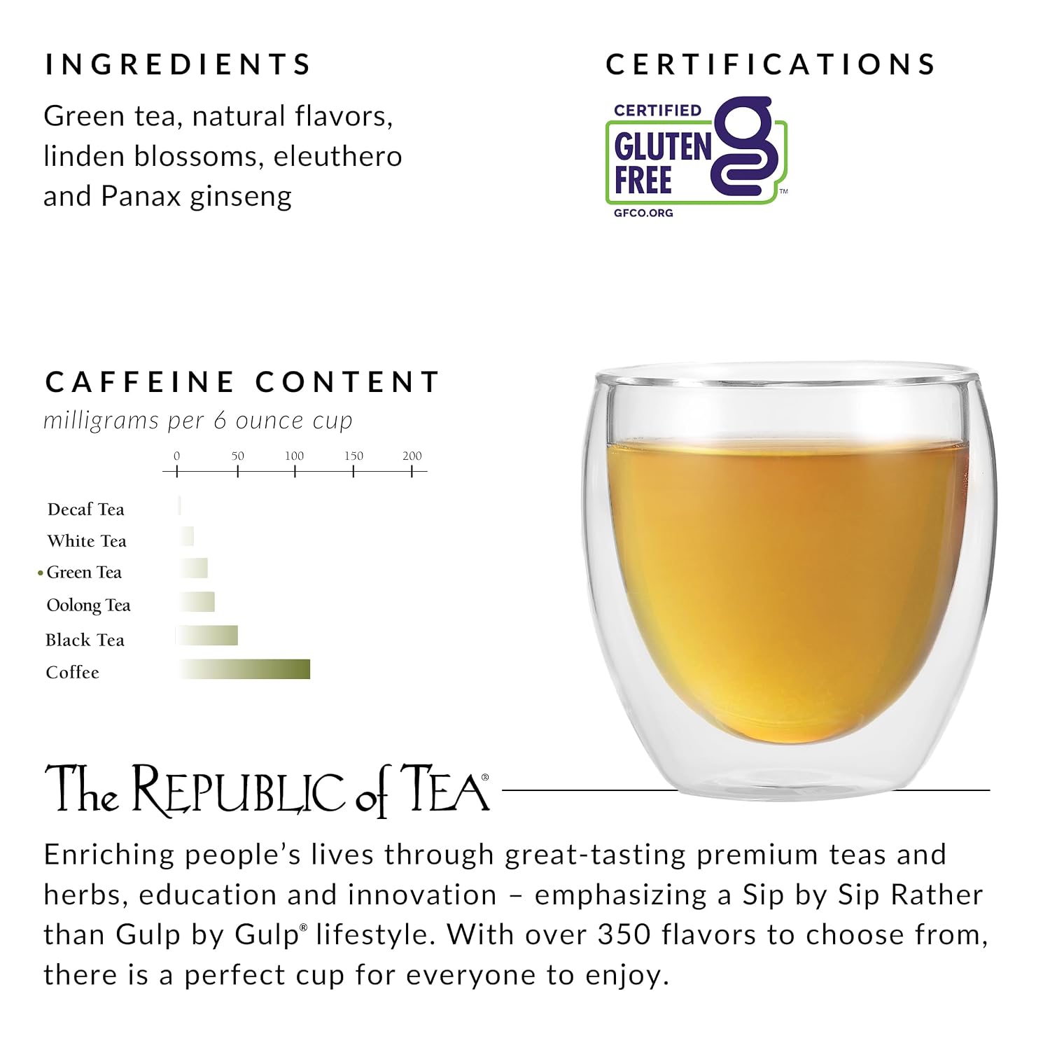 The Republic of Tea Daily Green Honey Ginseng Green Tea, 50 Count | Low Caffeine. A gentle cup for everyday sipping. Fresh with light vegetal notes. Gluten Free and Carb Free.