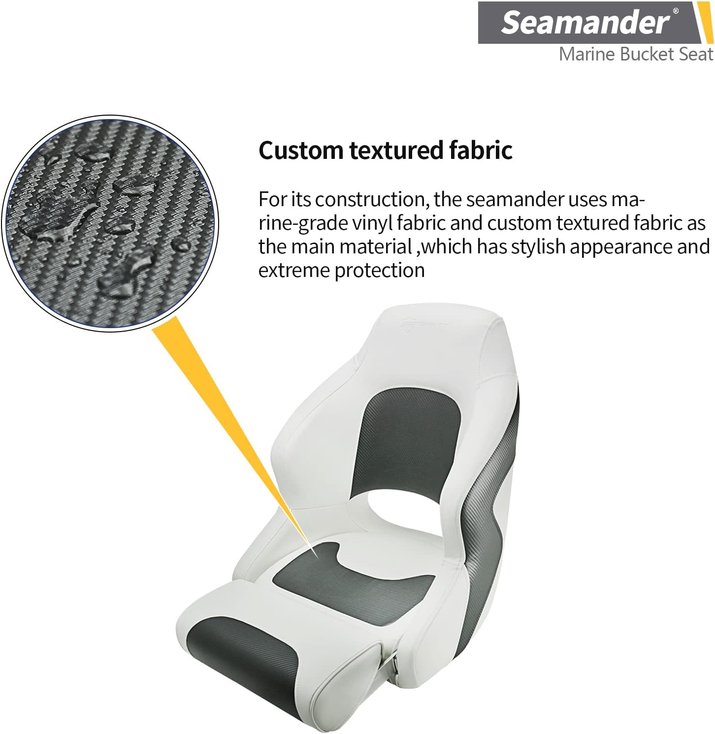 Seamander Boat Captains Chair,Captain Bucket Seat with Flip Up Bolster,Integral Rotomolded Frame, Premium EPDM Foam Material, Marine Grade Vinyl (A-White/Charcoal)