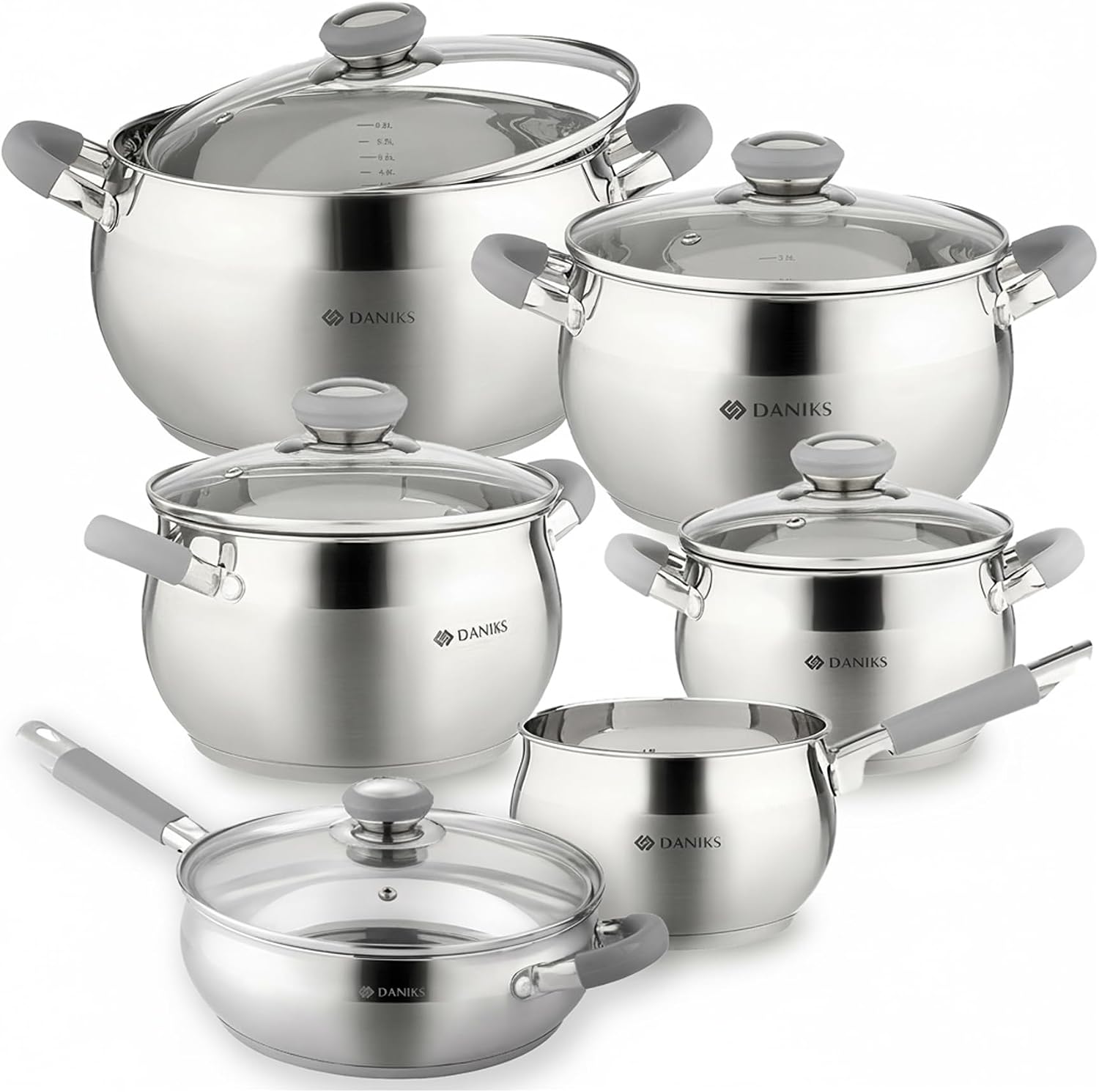Daniks Modern 4 Quart Stainless Steel Stock Pot with Glass Lid, Tri-Ply Bottom for Even Heating, Induction Compatible, Dishwasher Safe