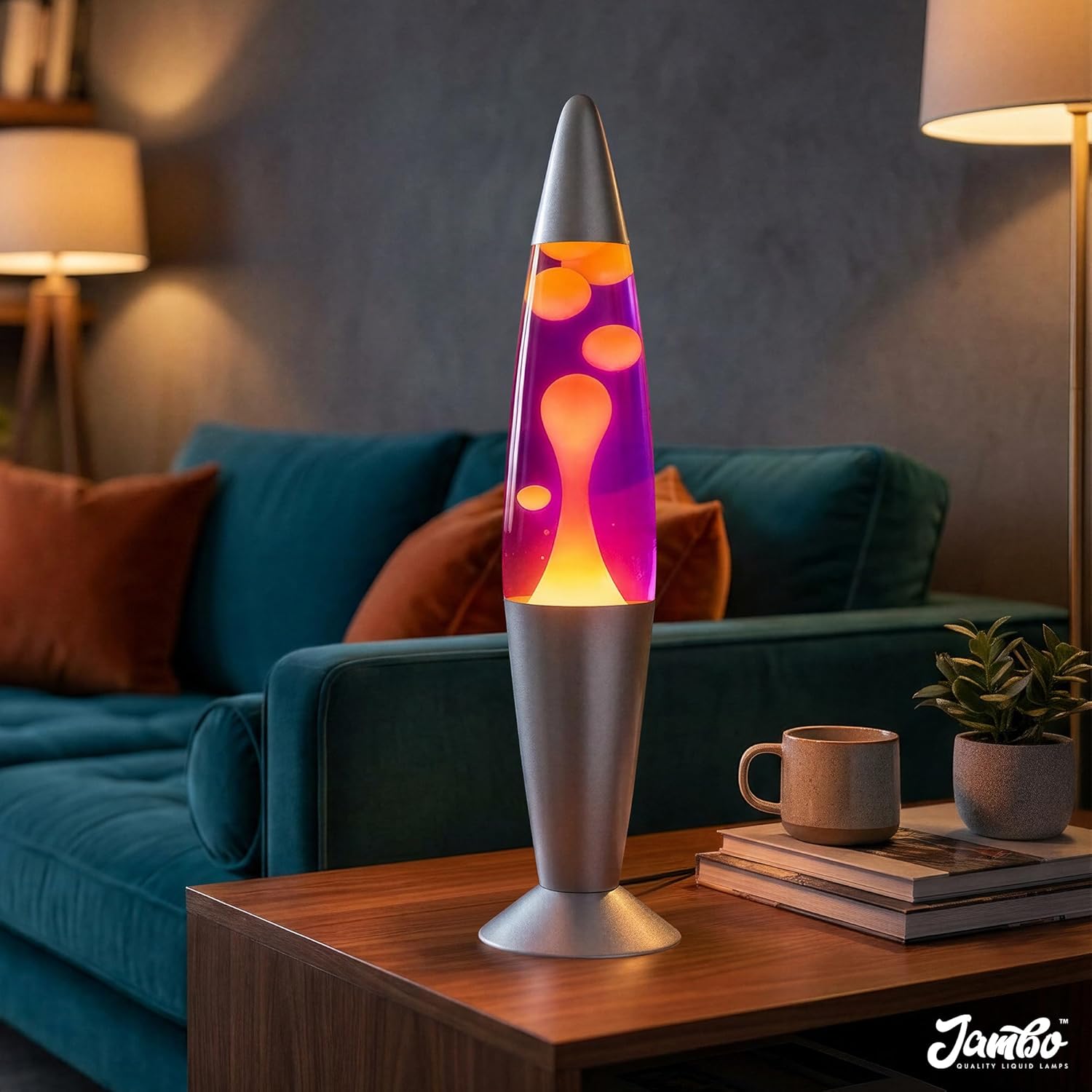 JAMBO 16" Beautiful Lamp- Purple with Yellow/Orange Wax, Relaxing Liquid Light, Night Light Nightlight
