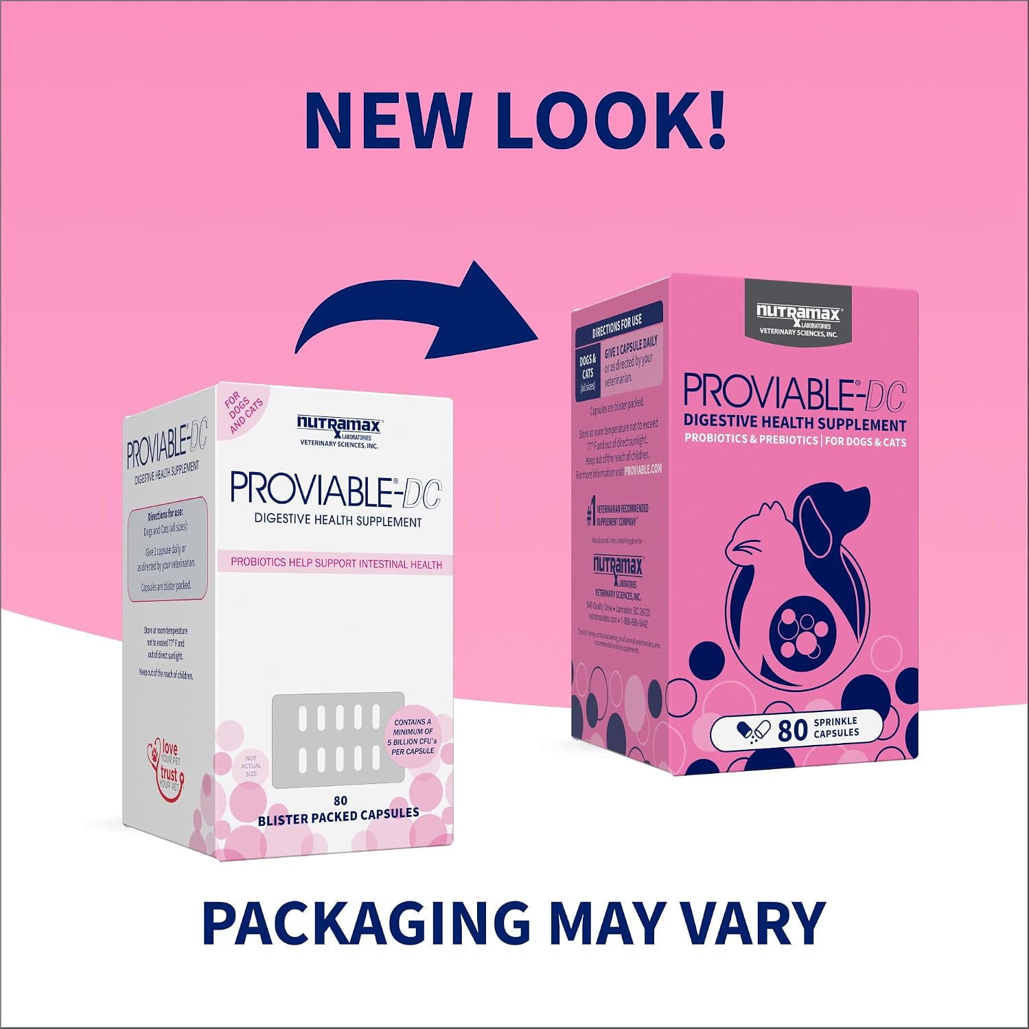 Nutramax Proviable Probiotics + Prebiotics, for Dogs & Cats, Capsules, 80ct | Probiotics and Prebiotics for Cats and Dogs, Daily Gut Health Support Supplement, Multiple Strains, Sprinkle on Food