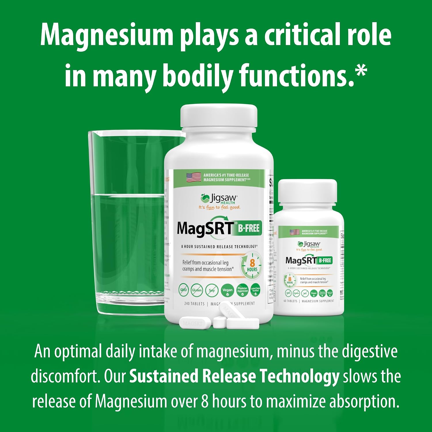 Jigsaw Health MagSRT | Magnesium Supplement with Vitamin B6, Folate & B12 | 240 Tablets | 60 Servings