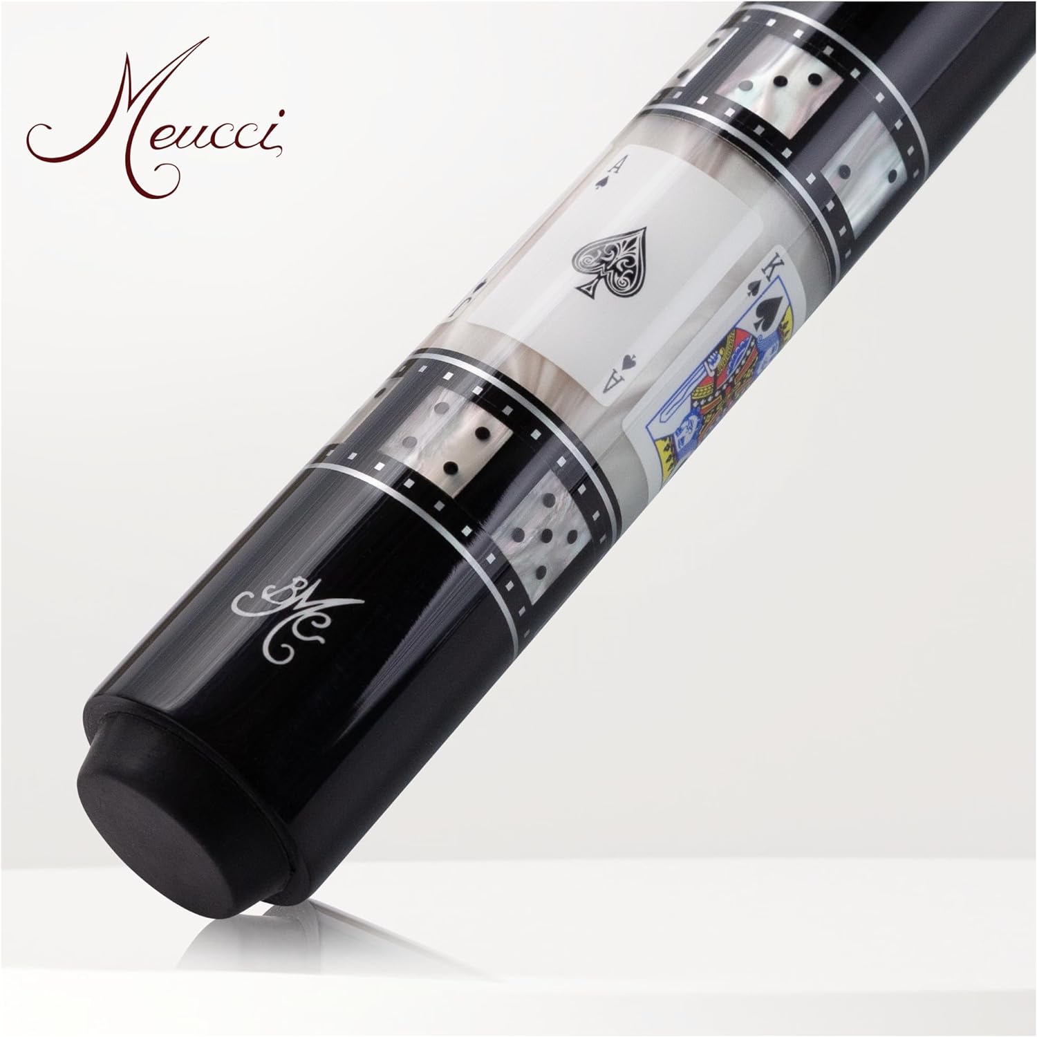 Meucci Pool Cues - BMC Casino 10 - Professional Billiard Pool Stick with Card and Ivory Dice Sleeve, Ebony Color Wrap, Power Piston Forearm