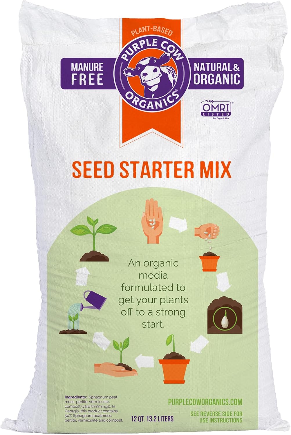 Purple Cow Organics Seed Starter 12 Quart Bag, All Natural and Organic, Fast Seedling Germination, Grows Strong Roots for Indoor Gardens