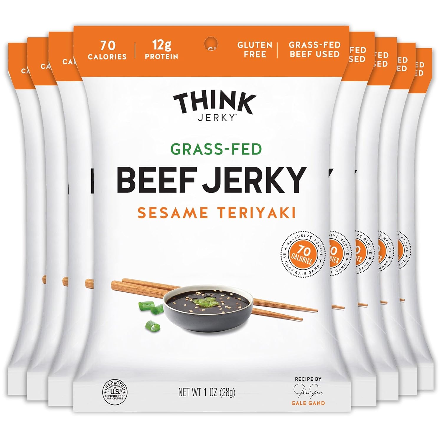 Think Jerky Sesame Teriyaki Beef Jerky, Grass-Fed High Protein Beef Jerky, Gluten Free, No Antibiotics or Nitrates, Healthy Chef Crafted Recipe, Low Calorie and Low Fat - 2.2 oz Bags, 4 Pack