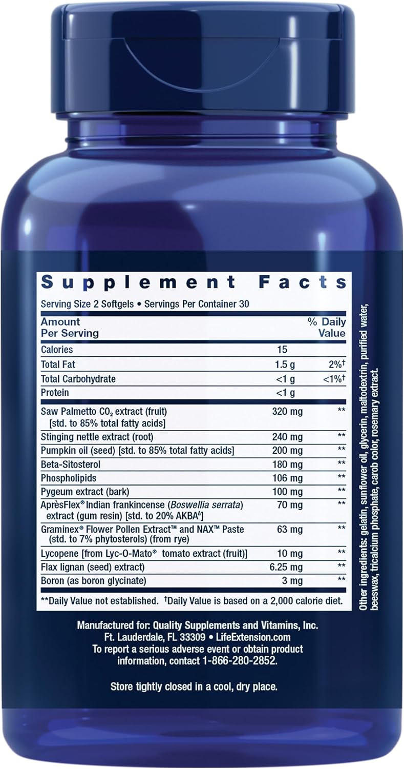 Life Extension, Ultra Prostate Formula, Saw Palmetto for Men, pygeum, stinging Nettle Root, lycopene, Prostate Health, Urination Flow, Psa, 60 Count