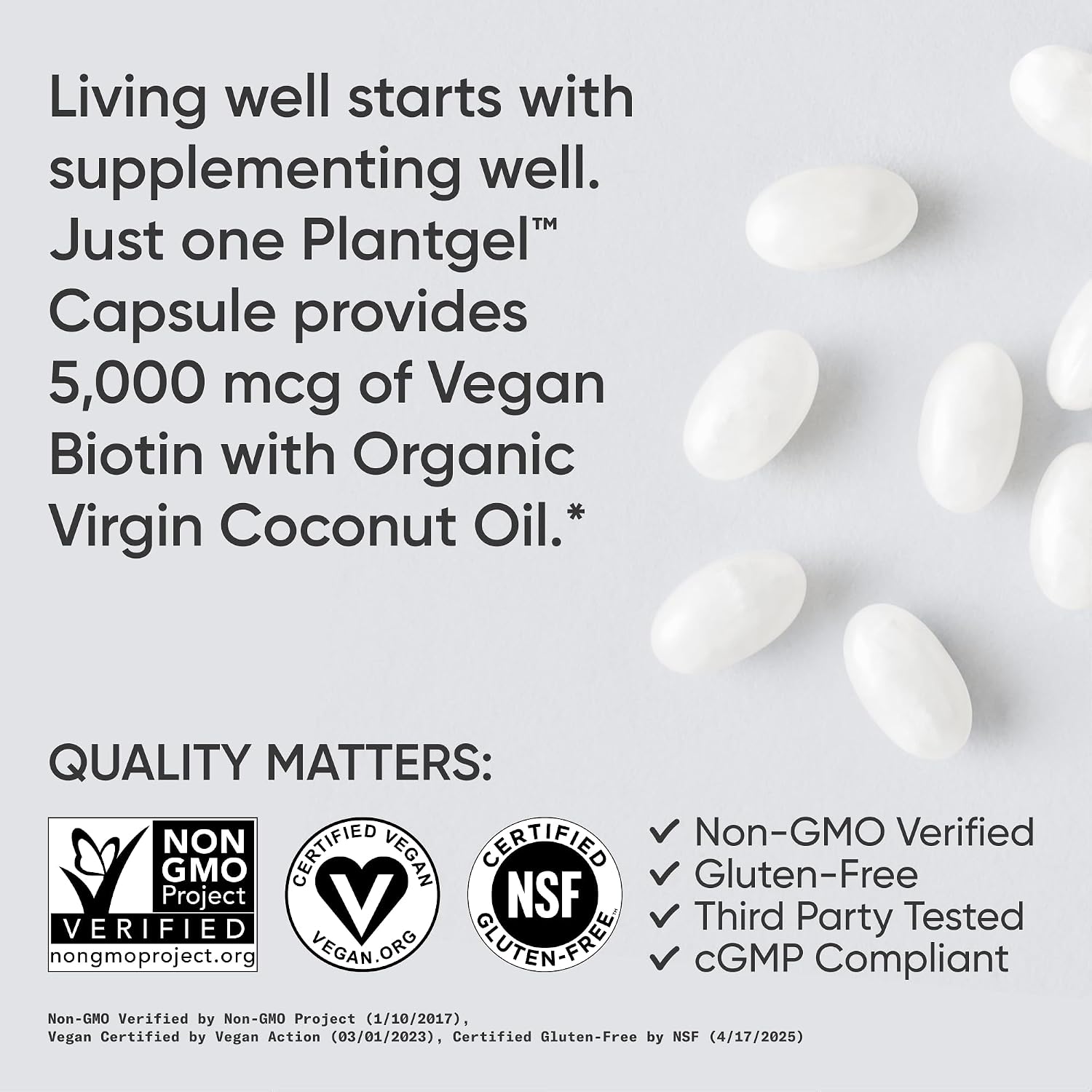 Sports Research® Biotin 10,000mcg w/Coconut Oil, 120 Count Plantgels™ | Max Strength Vegan Biotin (Vitamin B7) for Healthy Skin and Hair Support | Non-GMO, Gluten & Soy-Free, 120 Servings