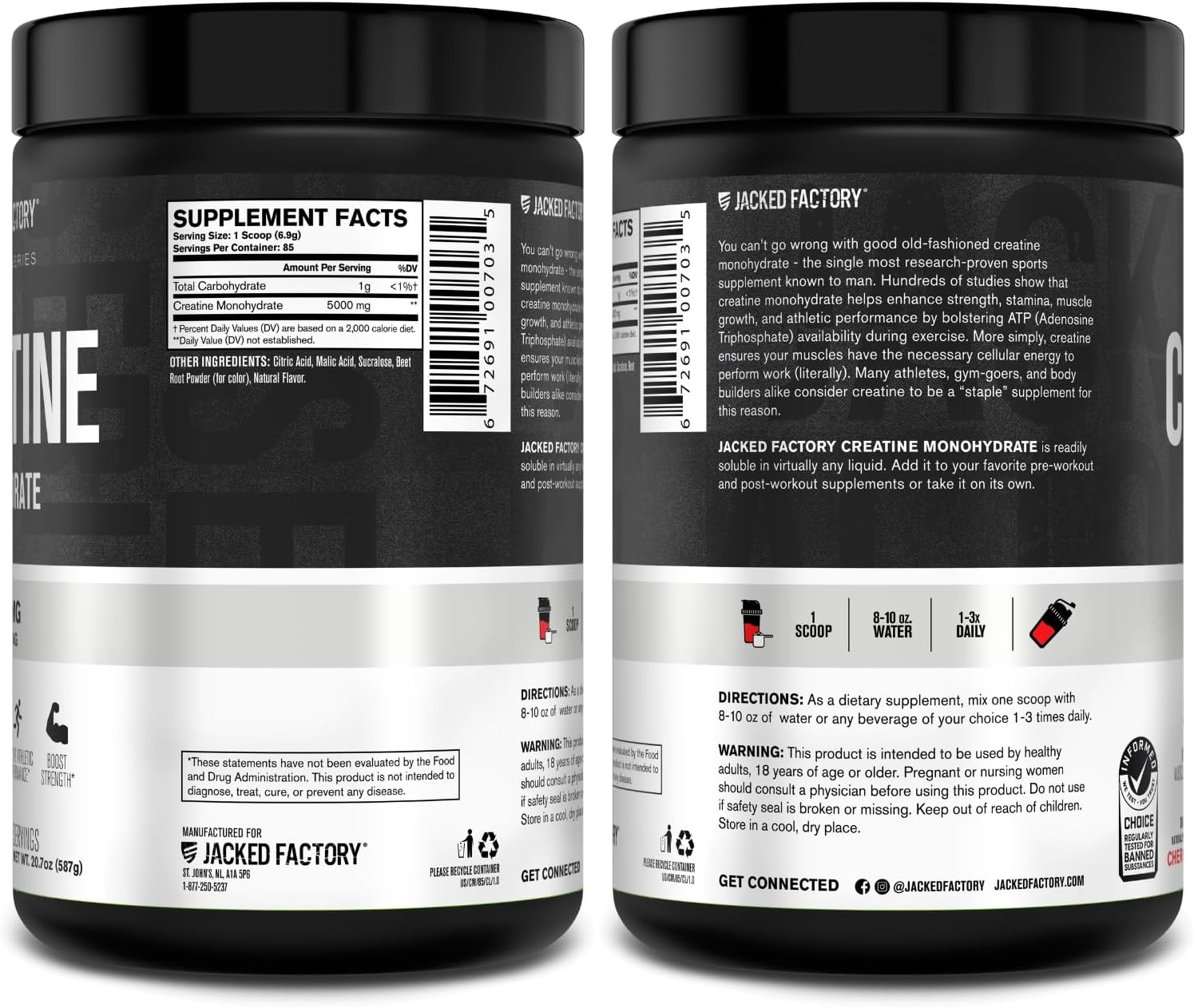 Jacked Factory Creatine Monohydrate Powder 425g - 5g Daily Micronized Creatine Monohydrate for Men and Women, Vegan-Friendly