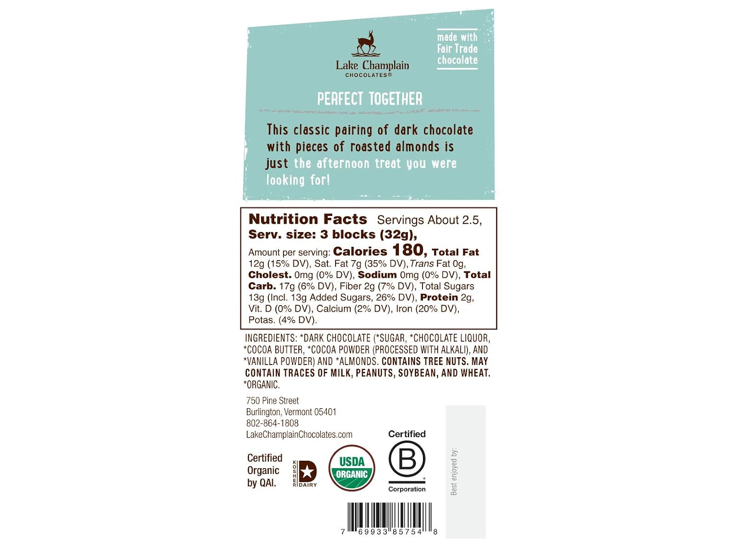 Lake Champlain Organic Dark Chocolate Almonds & Sea Salt Candy Bar, 3 Ounces (12 Pack)