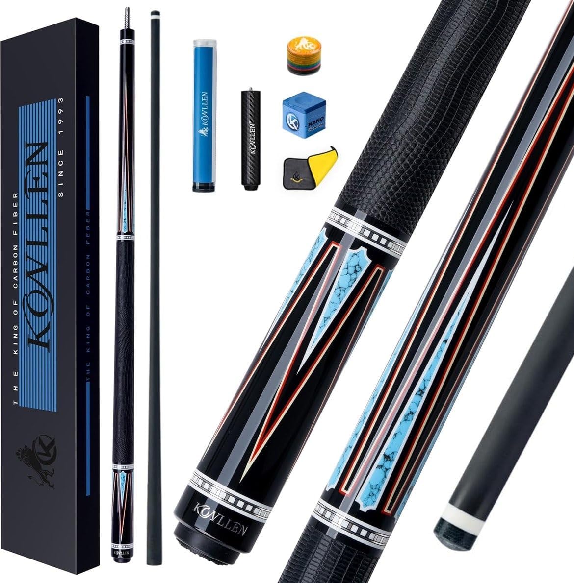 KONLLEN Carbon Fiber Pool Cue Stick 58-inch Professional Pool Sticks for Adults Full Carbon Technology Low Deflection Pool Cue Billiard Cues with 12.5mm Tip (Easy to Control, Pro Taper, Ultra-Smooth)