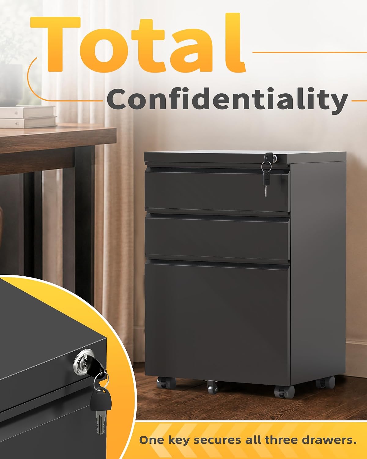 3 Drawer Mobile File Cabinet with Lock, Under Desk Metal Filing Cabinet for Letter/Legal/A4 Size, Fully Assembled Except Casters, Rolling Office Organizer for Home Office, Black