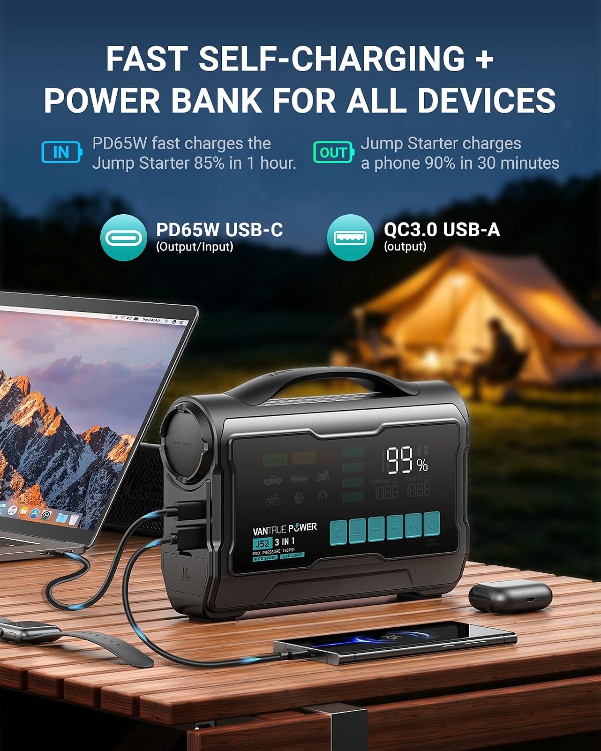 JS3 Real 3250A Jump Starter with Air Compressor 160PSI, 12V Car Battery Booster with Display, Jump Box with Light, Support 65W Fast Charging Power Bank, 10L Gas/8L Diesel Engines