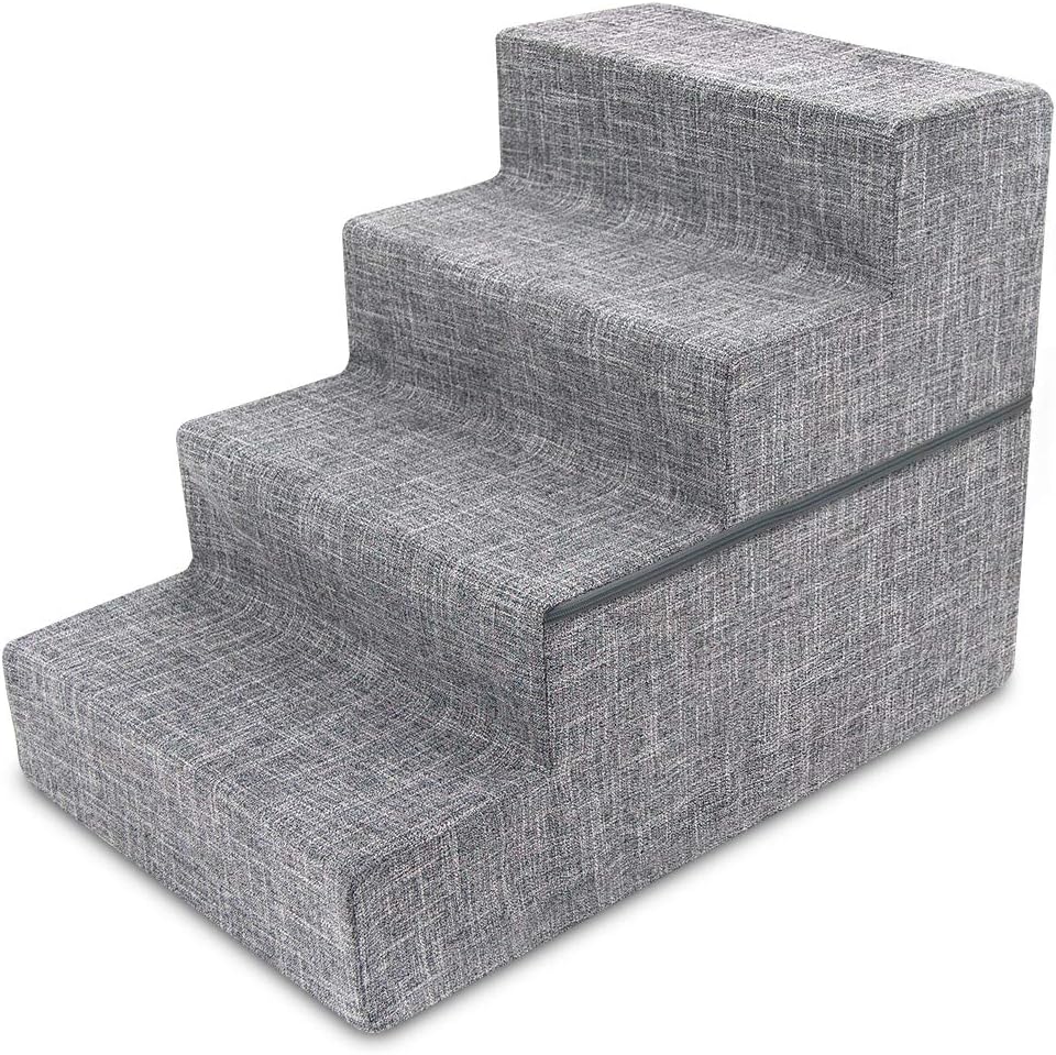 Best Pet Supplies Non-Slip Foam Dog Stair & Pet Ramp, Balanced Indoor Step Support - Foldable Stair, Ash Gray Linen,3-Step