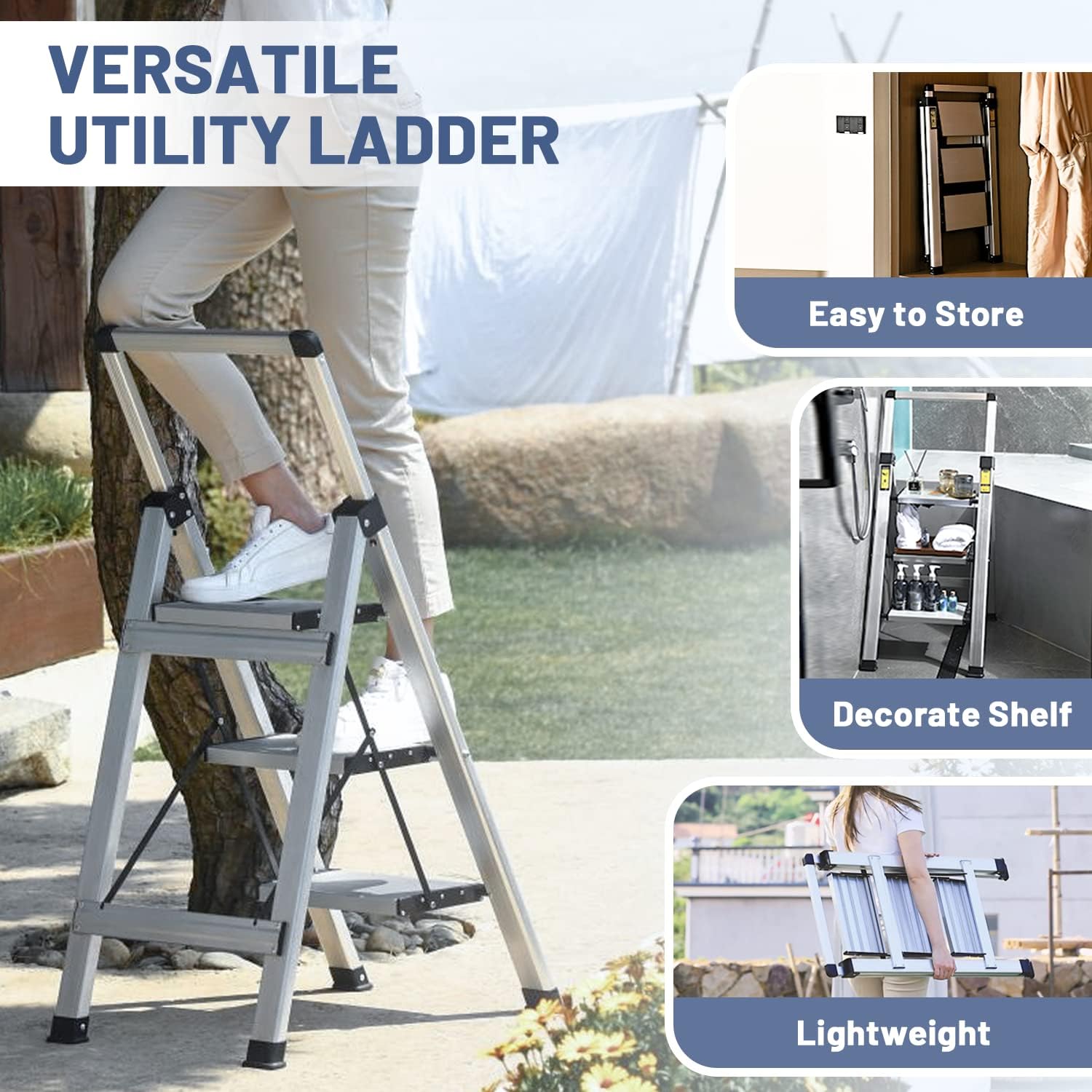 XinSunho 3 Step Ladder, Aluminum Folding Stool with Retractable Handgrip