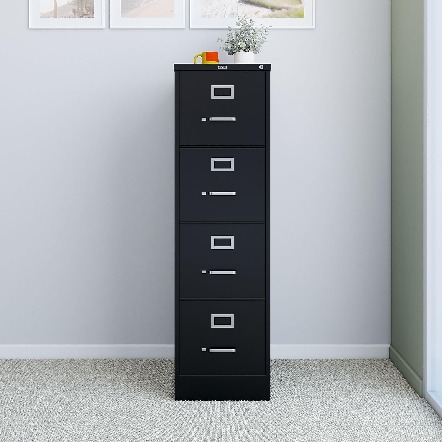 Staples 4-Drawer Vertical File Cabinet, Letter Size Documents, Lockable, 26.5" D x 15" W x 51.97" H, Putty/Beige