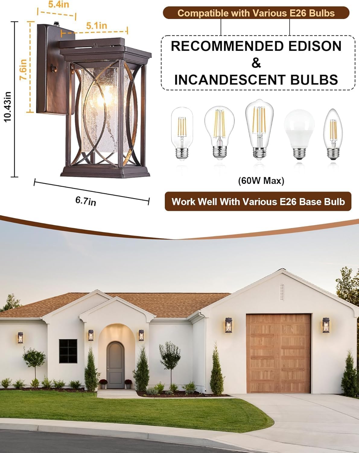 Dusk to Dawn Modern Outdoor Coach Lantern Exterior Light Fixtures Black Aluminum with Crack-Like Glass Waterproof Wall Sconce Mission Outside Light