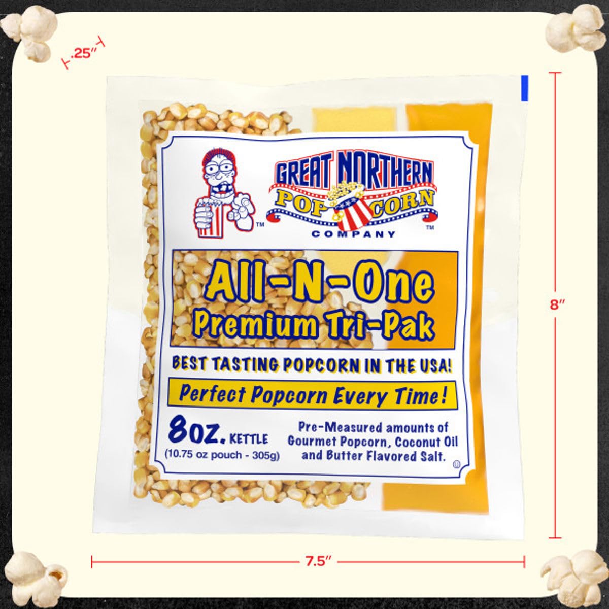 Movie Theater Style 40-Count Popcorn Packs - Pre-Measured 8-Ounce All-in-One Kernel, Salt, Oil Packets for Popping Machines by Great Northern Popcorn | All-in-One Pre-Measured Kernels, Butter Flavored Salt, and Coconut Oil Packets for 8oz Kettle - Movie…