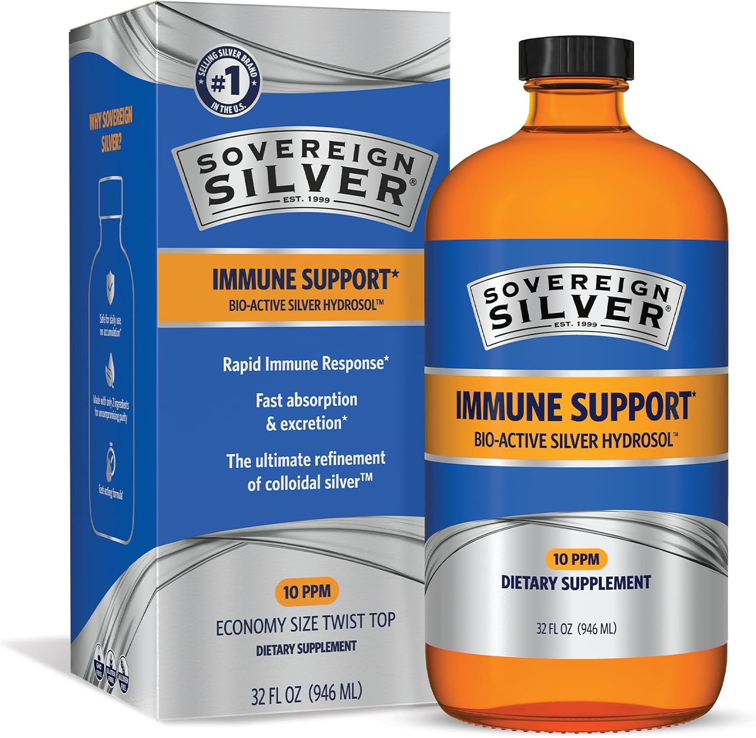 Sovereign Silver Immune Support, Colloidal Silver, 4 fl oz (118 mL) | Bio-Active Silver Hydrosol, 10 ppm, Liquid Dropper