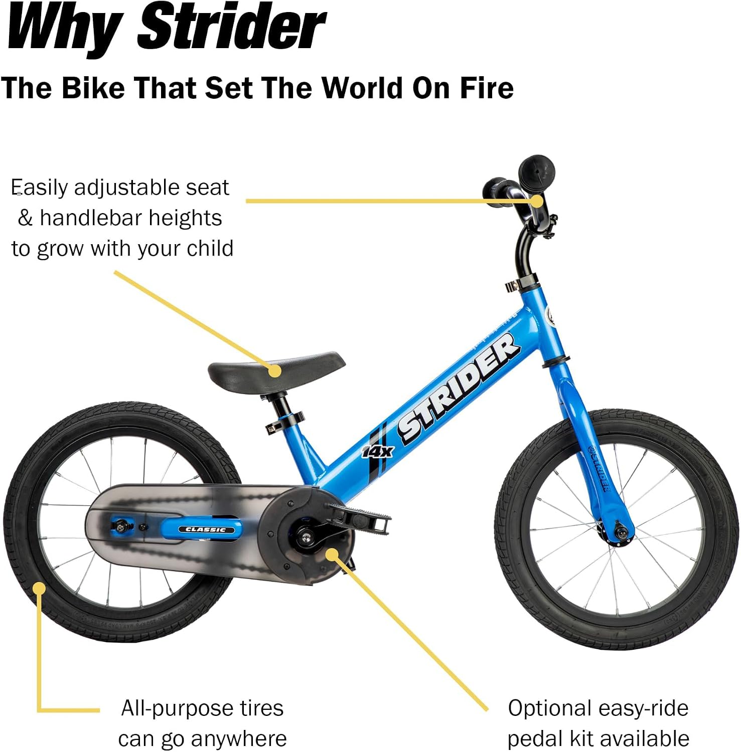 Strider 14x Classic, Awesome Blue - Balance Bike for Kids 3 to 6 Years -Includes Kid Sized Grips, Padded Seat, Performance Footrest, All-Purpose Tires Easy Assembly, Tool-Free Adjustments | No Pedals, Balance Bike with Adjustable Seat and Handlebars, Lig…