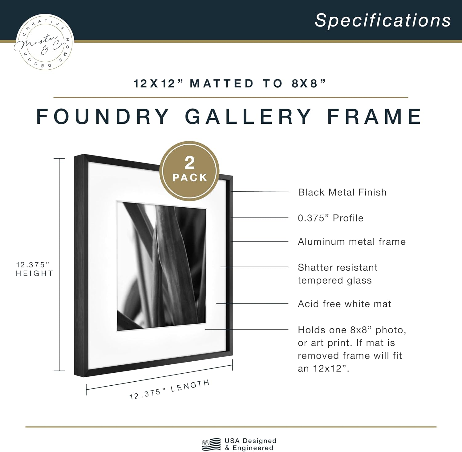 MCS Master & Co. Foundry Metal Picture Frame, 12x12 Matted to 8x8