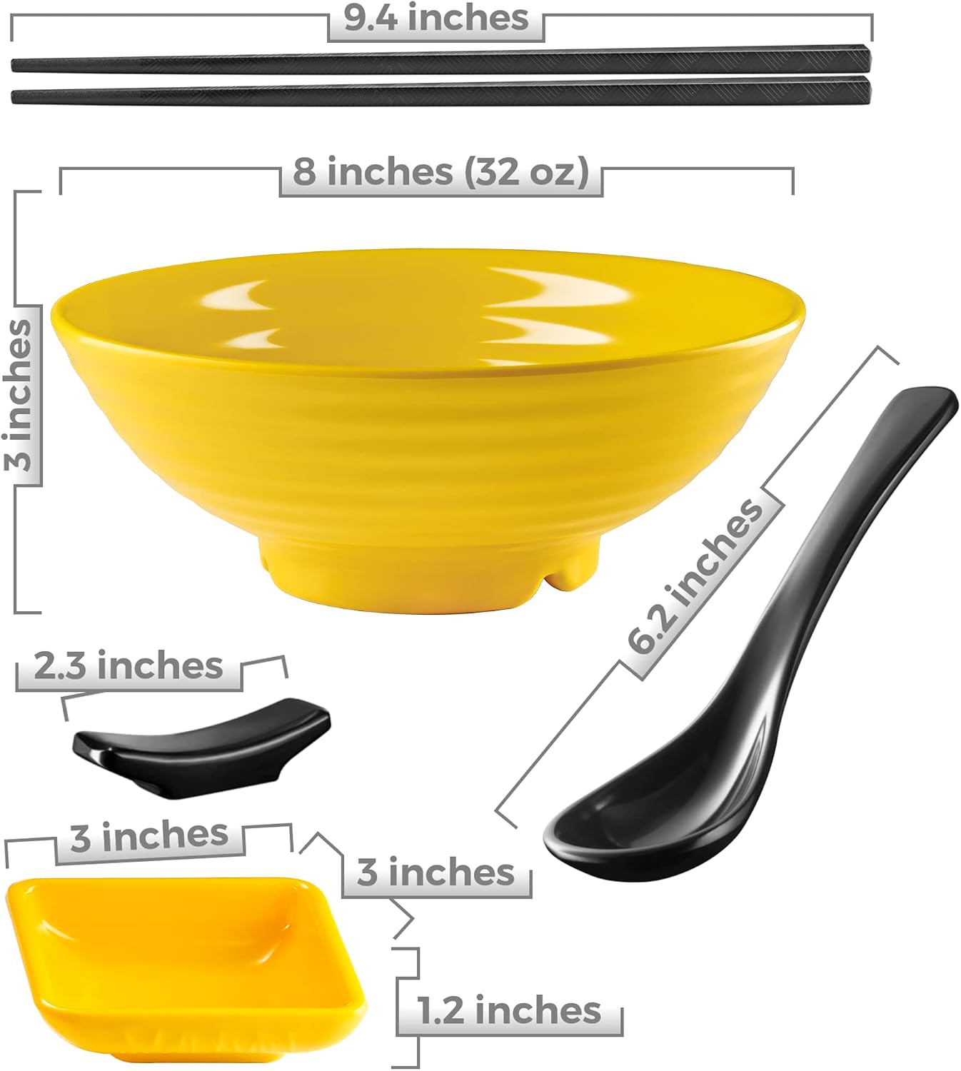 Unbreakable Ramen Bowl Set with Chopsticks and Spoon: 2 large Japanese Style Melamine Ramen Bowls