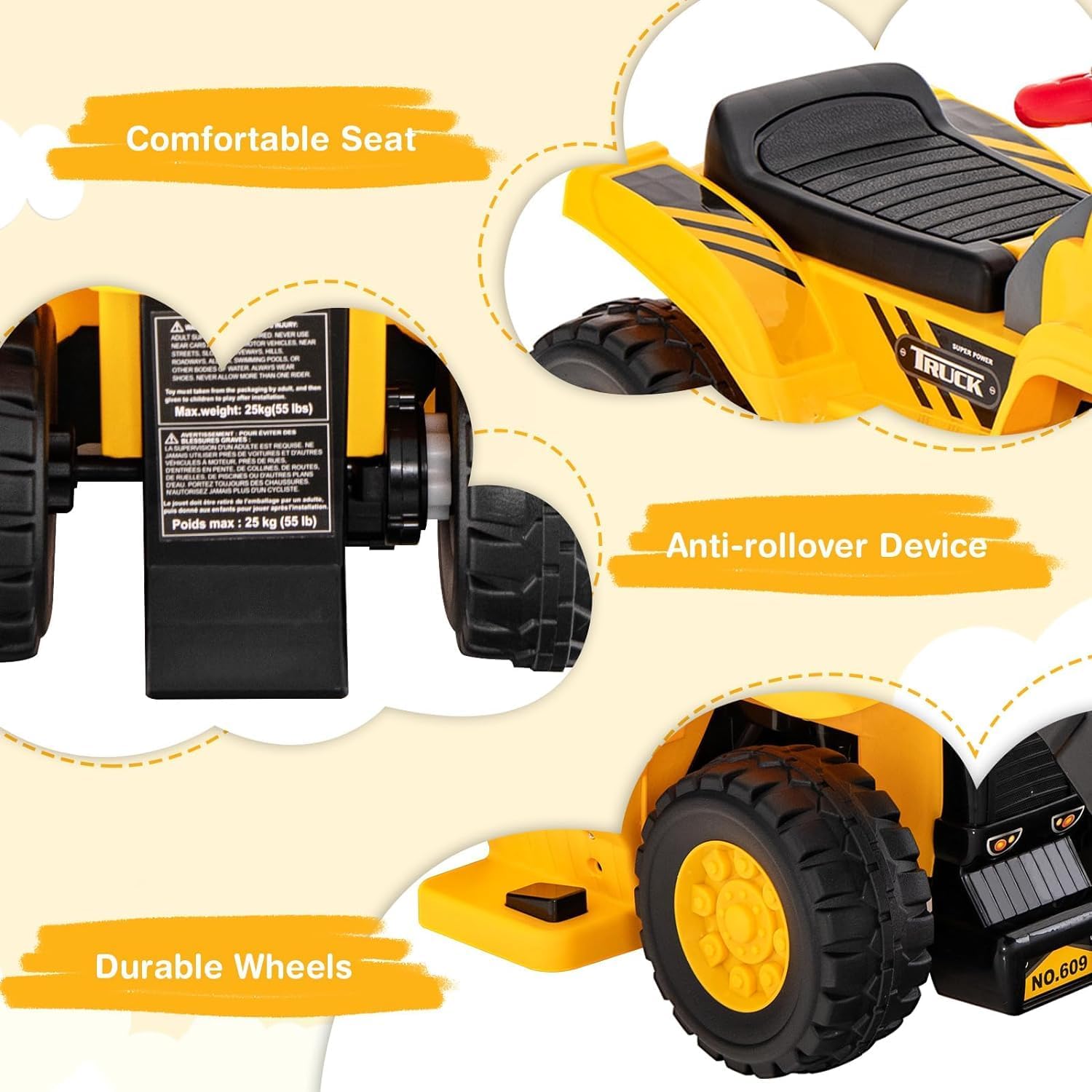 Costzon Ride on Excavator, Ride on Construction Vehicles w/Helmet, 3 Toy Stones, Realistic Sound, Adjustable Bucket & Under Seat Storage, Bulldozer Ride on Toy Gift for Kids Boys & Girls