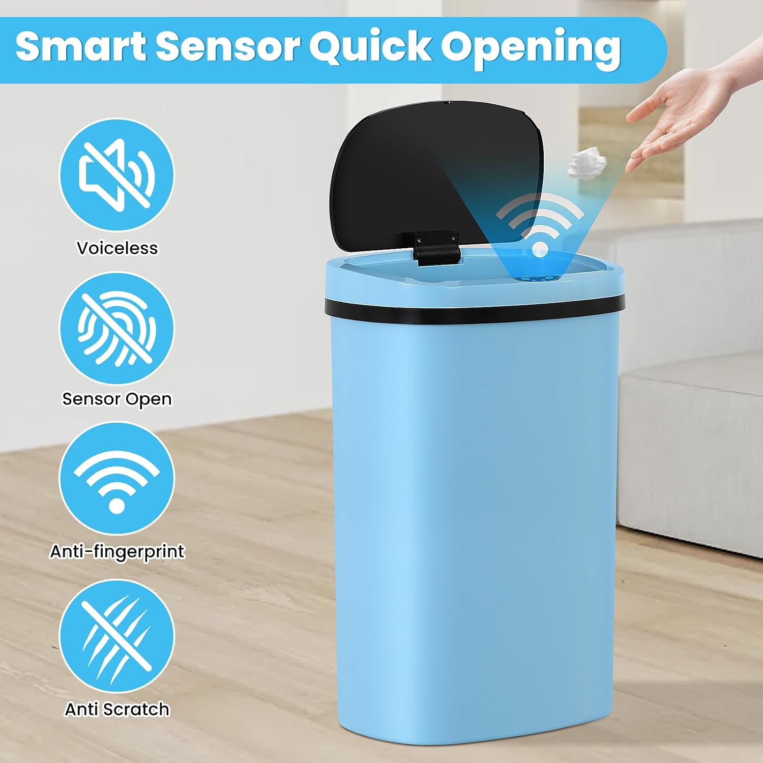 13 Gallon Touch-Free Automatic Stainless-Steel Trash Can Garbage Can Metal Trash Bin with Lid for Kitchen Living Room Office Bathroom, Electronic Motion Sensor Automatic Closure & Opening