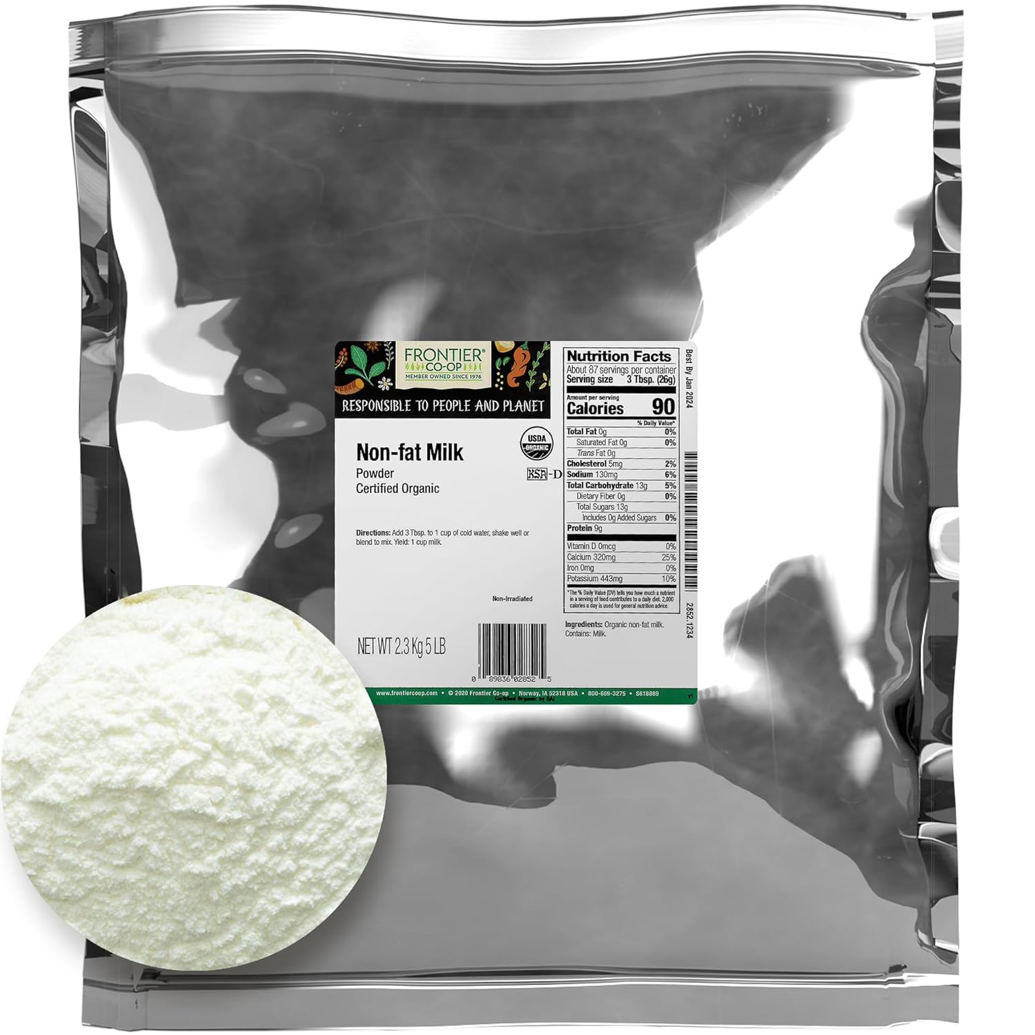 Frontier Co-op Organic Non-Fat Milk Powder 5lb Bulk Bag - Non Fat Powdered Milk for Baking, Cooking, Rehydrating or Shelf Stable Powder