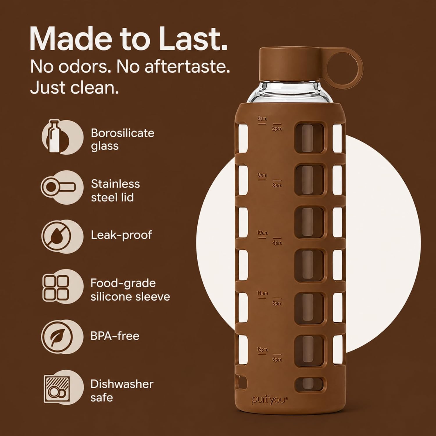 purifyou 40oz / 32oz / 22oz / 12oz Borosilicate Glass Water Bottle with Time & Volume Markers, Silicone Sleeve
