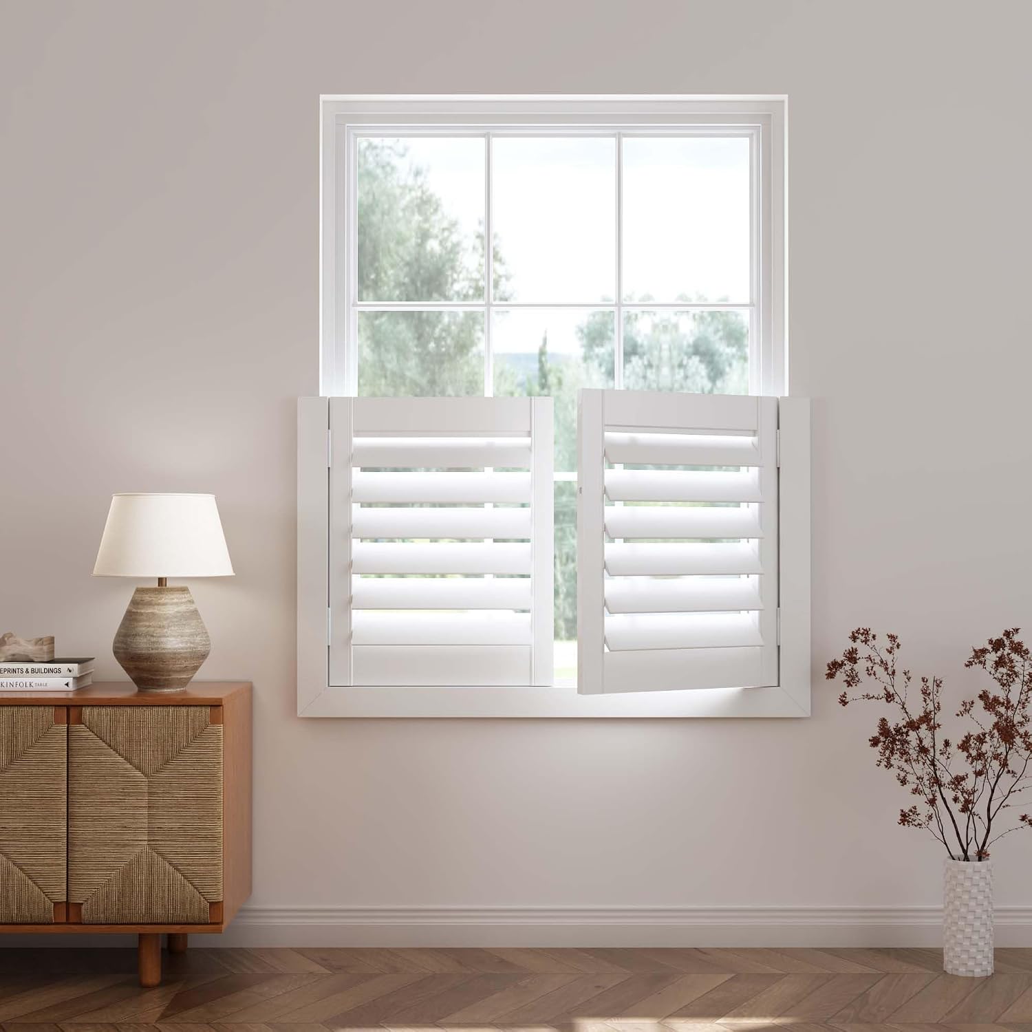 TWOPAGES Cafe Plantation Shutters for Interior Window, Custom Wood Blinds | Made to Oder, Wood Blinds, Adjustable Louvers, Cafe Half Window Design