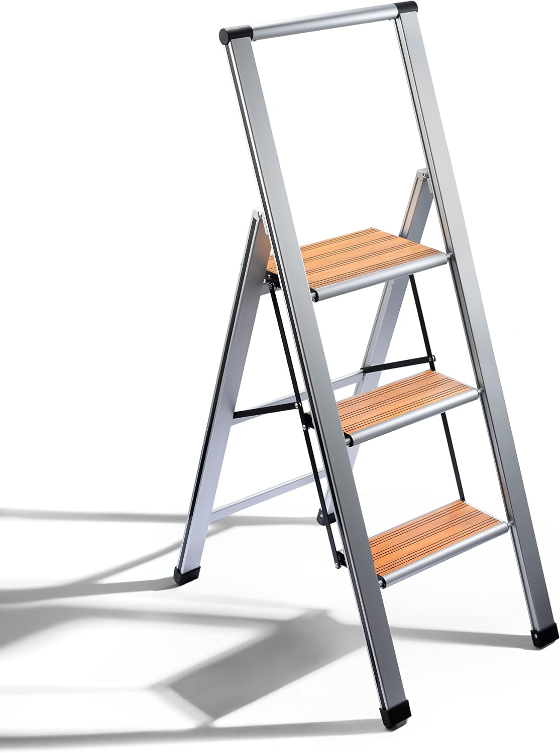 Step Ladder 2 Step Folding, Decorative - Beautiful Bamboo & Silver Aluminum, Ultra Slim Profile, Anti Slip Steps, Sturdy-Portable for Home, Office