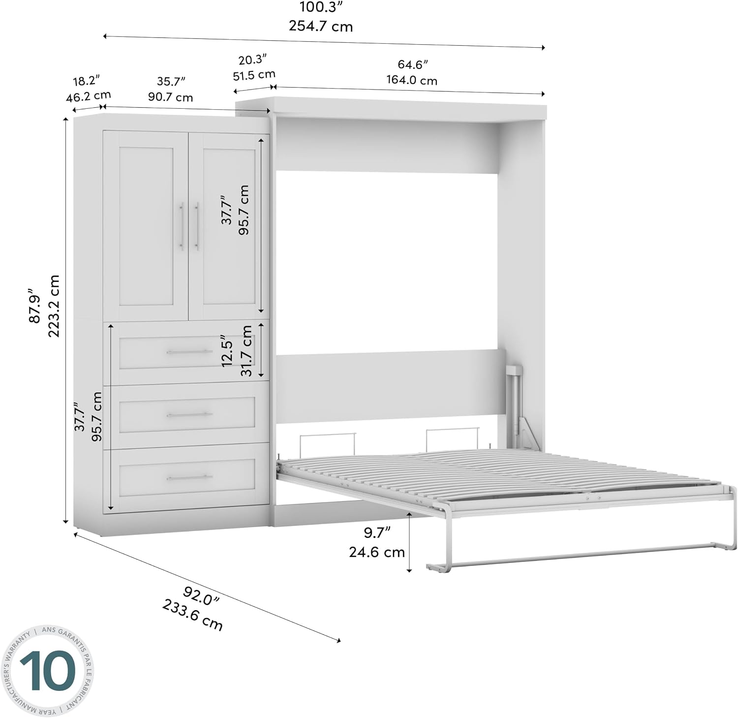 BESTAR Pur Murphy, Space-Saving Wall Bed for Multipurpose Room, Queen, White | Supports up to 1000 lb, min. ceiling height 91.1 in.