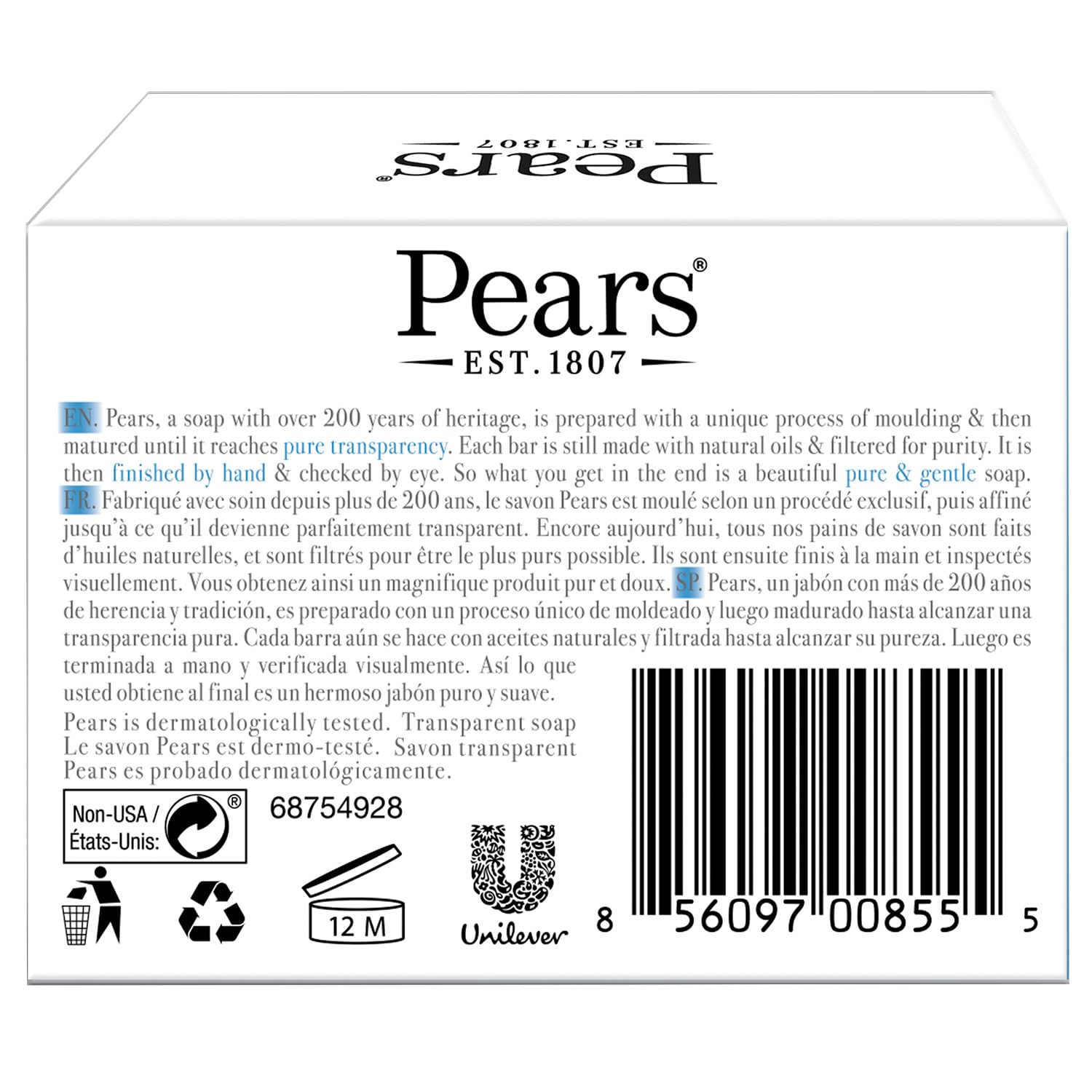 Pears Soap, Pure & Gentle with Mint Extract 3-Pack – Transparent Blue Glycerin Soap for Cool, Refreshed Skin, 4.4 Oz Ea