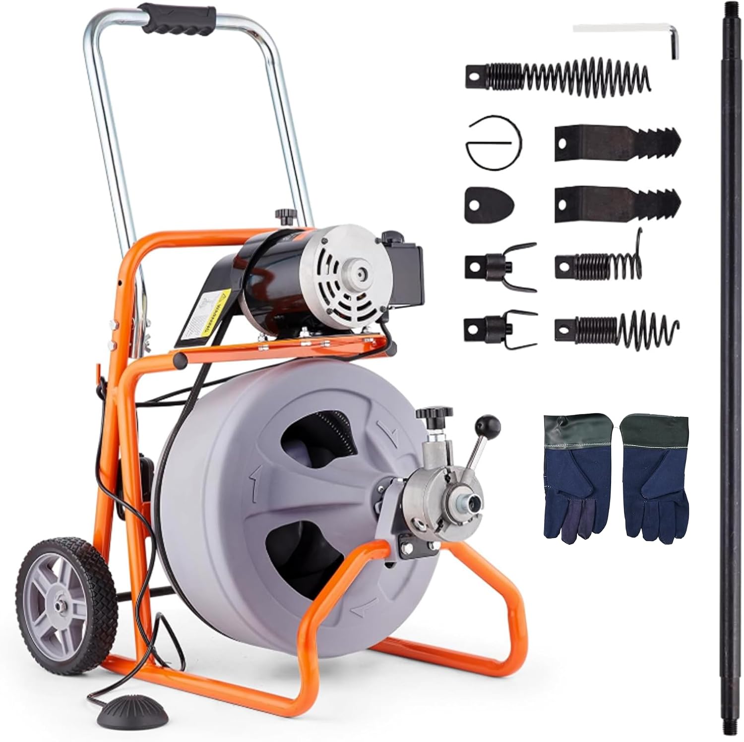 HoldwellS 50FT x 5/16 Inch Drain Cleaner Machine, Electric Drain Auger for 3/4"-3" Pipes, Sewer Snake Auger with 4 Cutters & Pneumatic Foot Switch