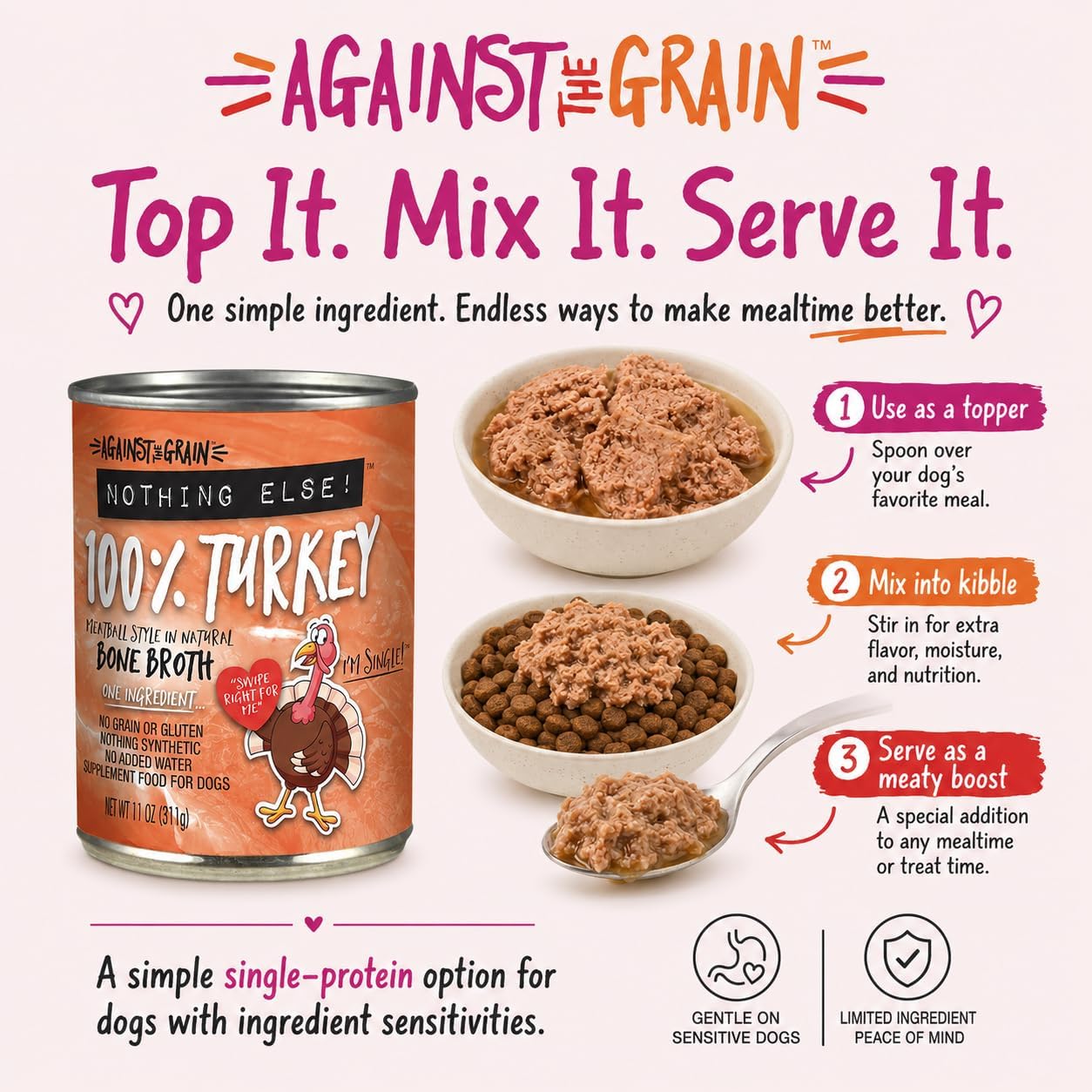 Against The Grain Nothing Else! 100% Salmon Dog Food – 12 Count, 11 oz Each – Single-Ingredient Meatball Texture in Natural Broth – Wet Dog Food – Grain & Gluten Free