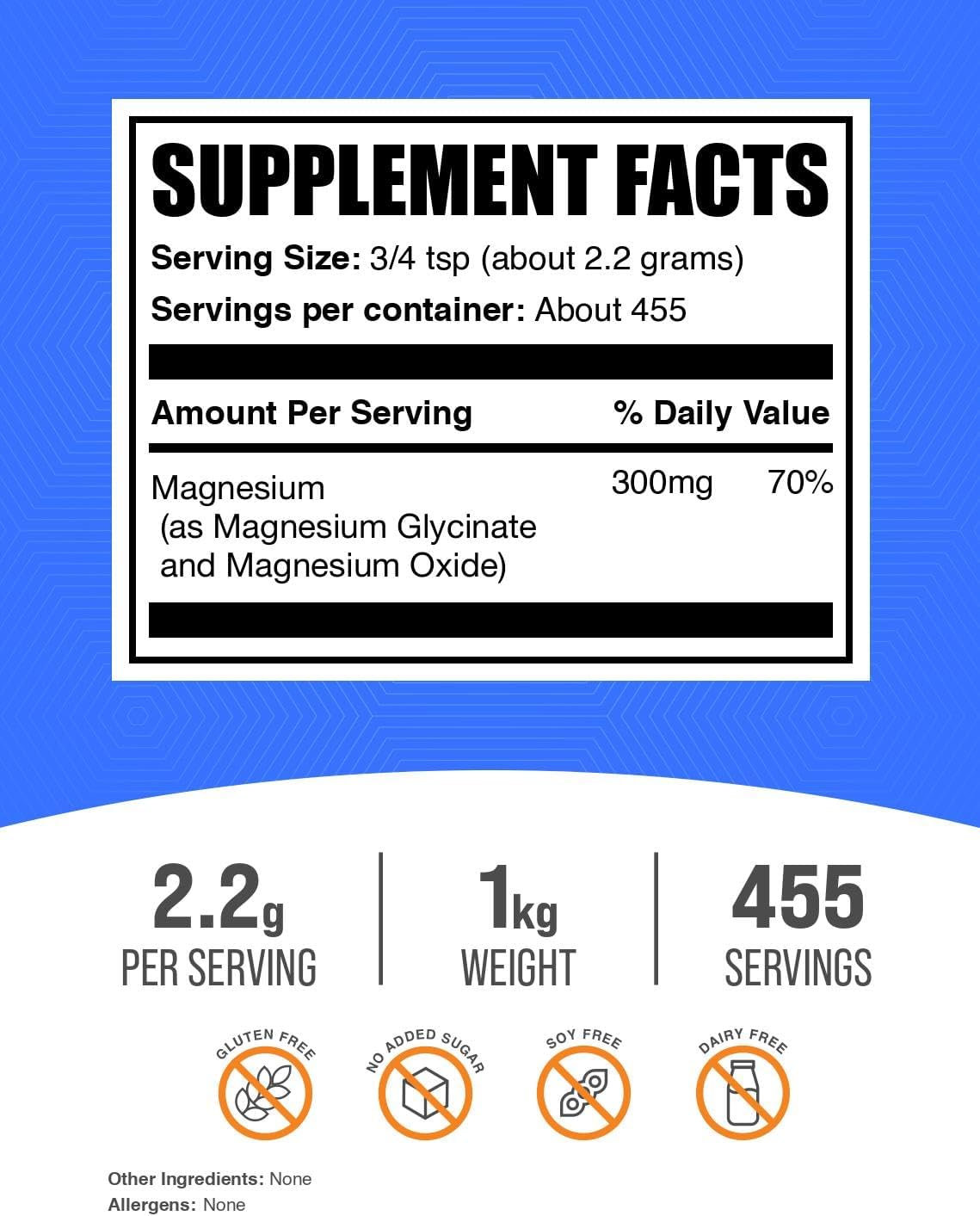 BulkSupplements.com Magnesium Glycinate Powder - Magnesium Glycinate 300mg, Highly Absorbable - Gluten Free, 2.2g per Serving, 500g (1.1 lbs) (Pack of 1)
