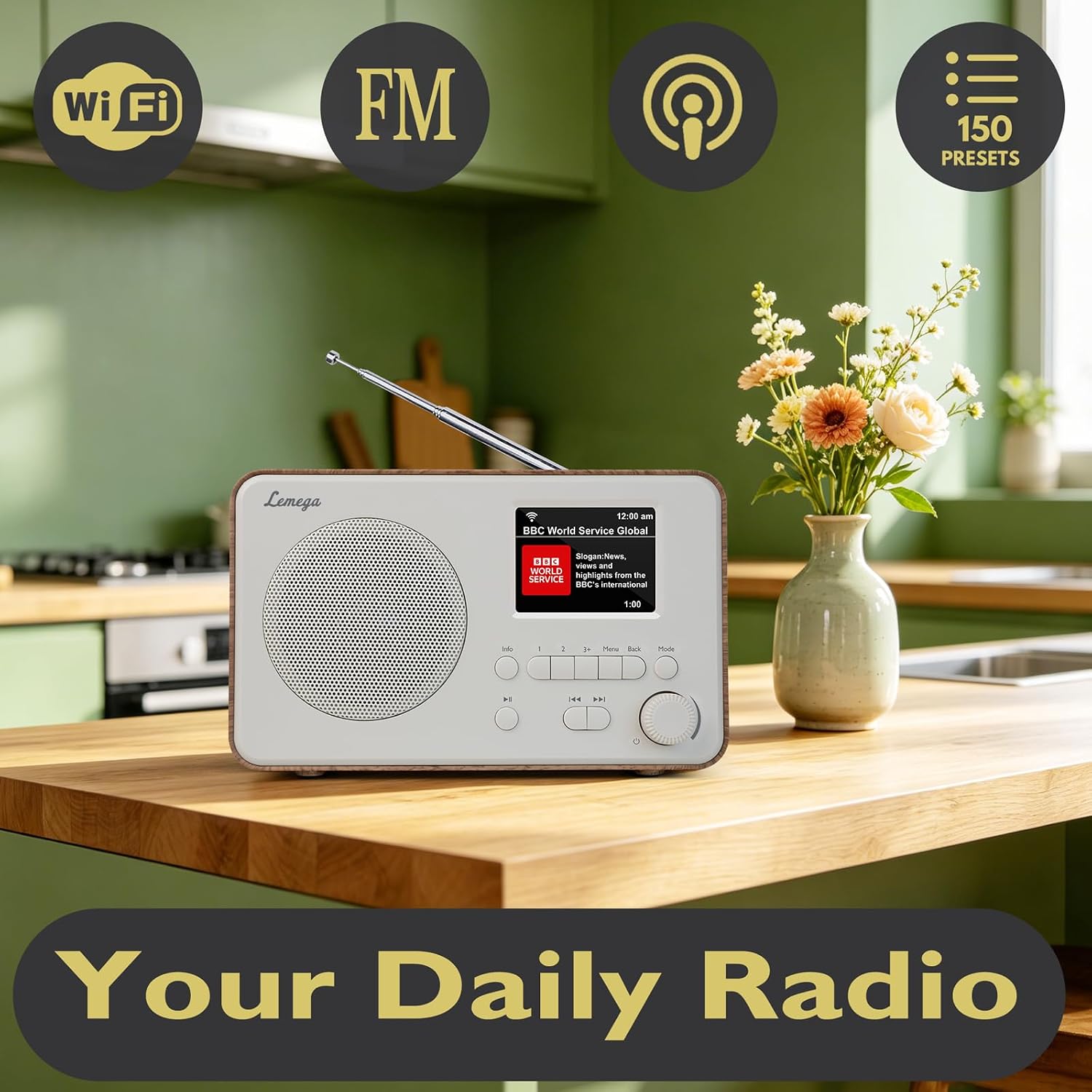 LeMega IR1PRO Internet Radio, Podcasts, Bluetooth, FM, Walnut | Alarm clock, full colour display, mains or AA battery, compact kitchen radio, snooze