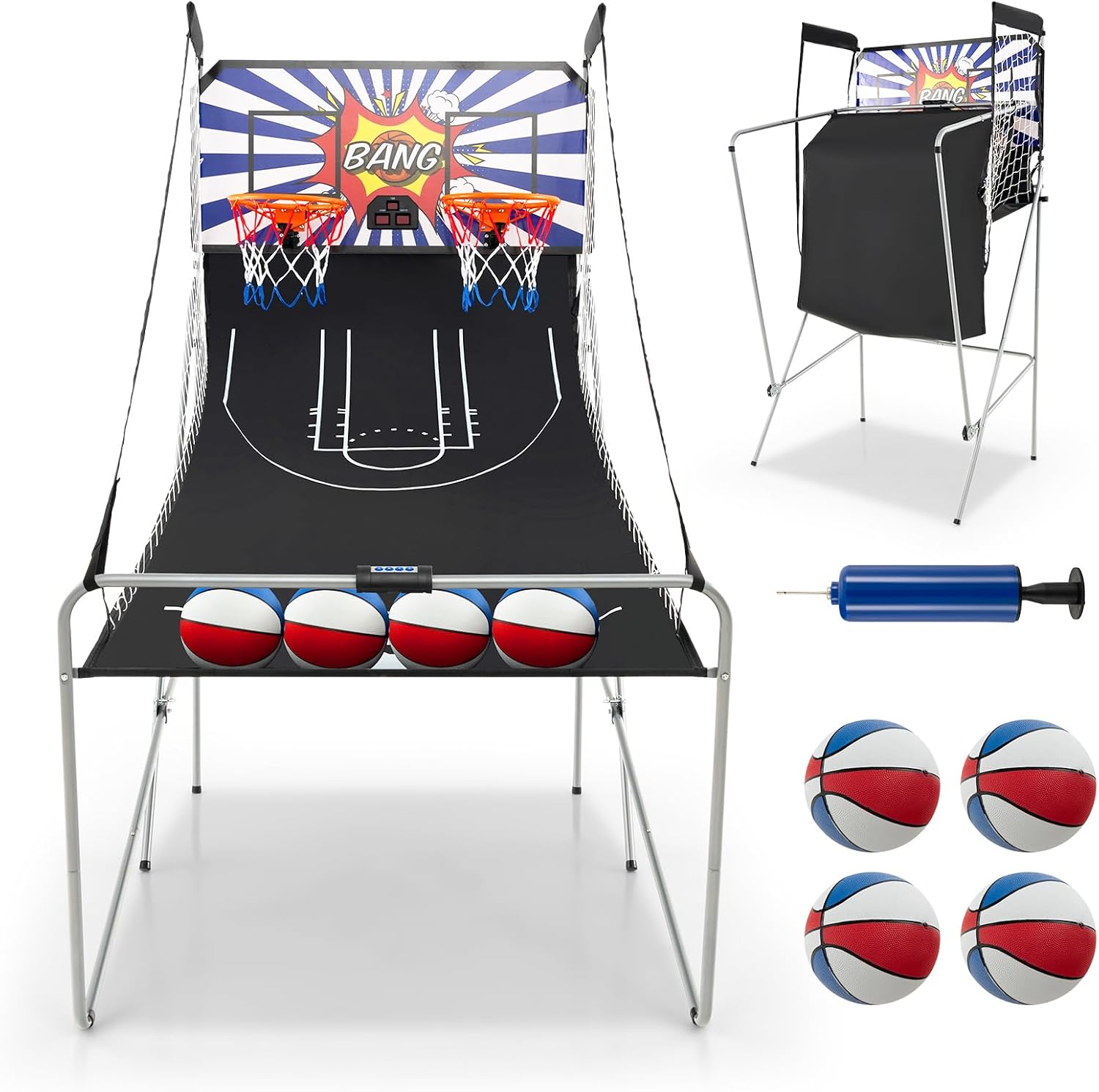 GYMAX Arcade Basketball Game Indoor Foldable with 8 Game Modes, Arcade Sound, 4 Balls and Inflation Pump, Electronic Basketball Games for All Ages Home