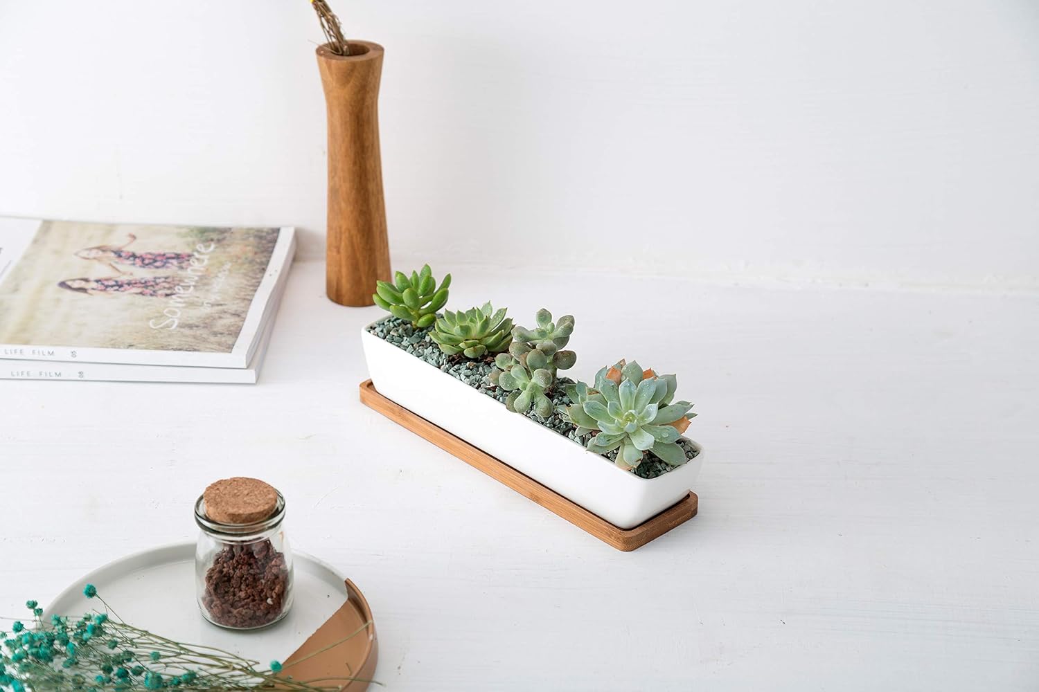 SeaStar White Rectangular Long Succulent Planter Pot, 11x2.16x1.75inch Modern Minimalist Ceramic Succulent Planter Pot with Saucer for Office, Desk