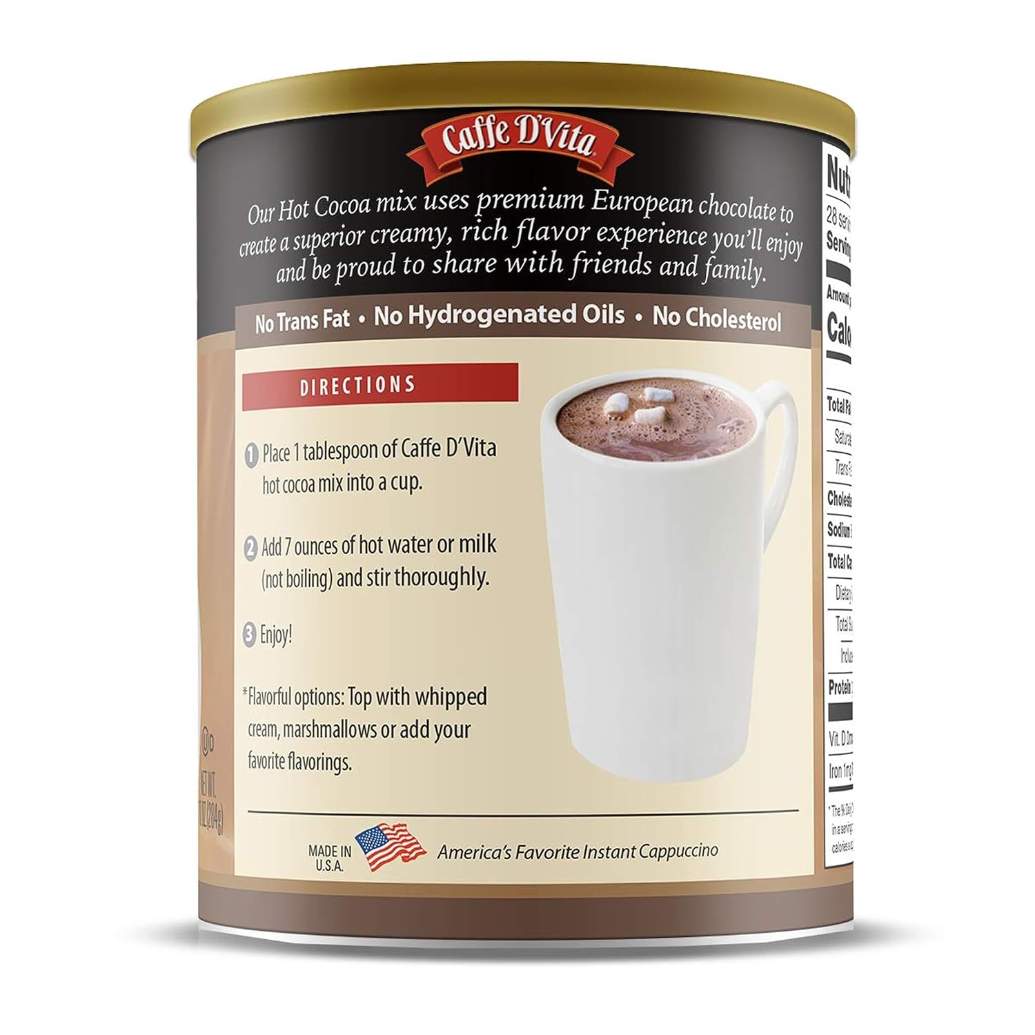 Caffe D'Vita Sugar Free Hot Cocoa Mix, Gluten Free - 10 Oz Can | Hot Chocolate Mix, Low Fat, No Cholesterol, No Hydrogenated Oils or Trans Fat, Kosher, Cocoa Bulk