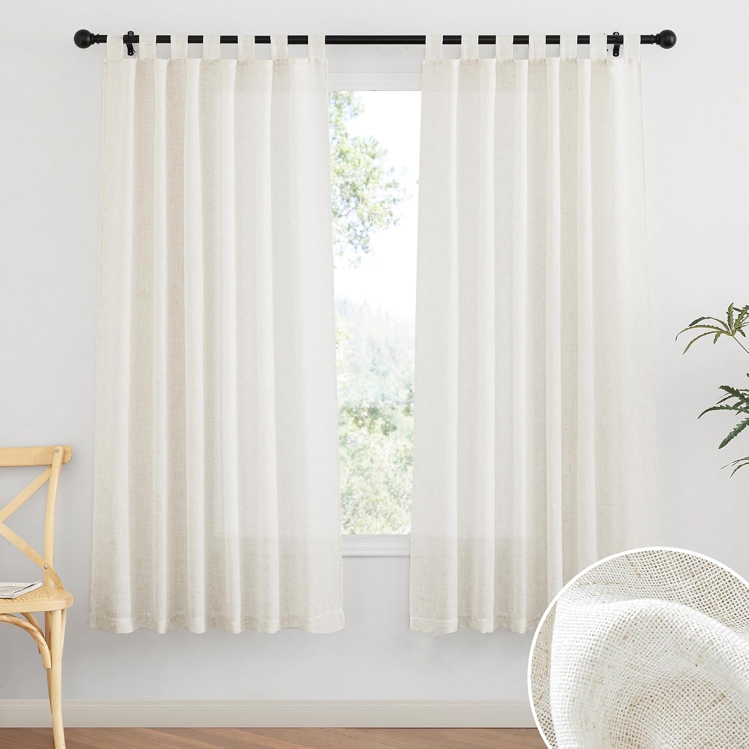 RYB HOME Linen Sheer Curtains - Linen Textured Semi Sheer Curtains for Kids Nursery Bedroom Living Room Window