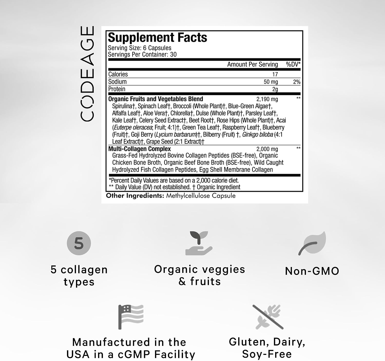 Codeage Multi Collagen Protein + Organic Raw Greens Superfood Capsules Supplement, 21 Fruits & Veggies, Grass-Fed Hydrolyzed Collagen Peptides
