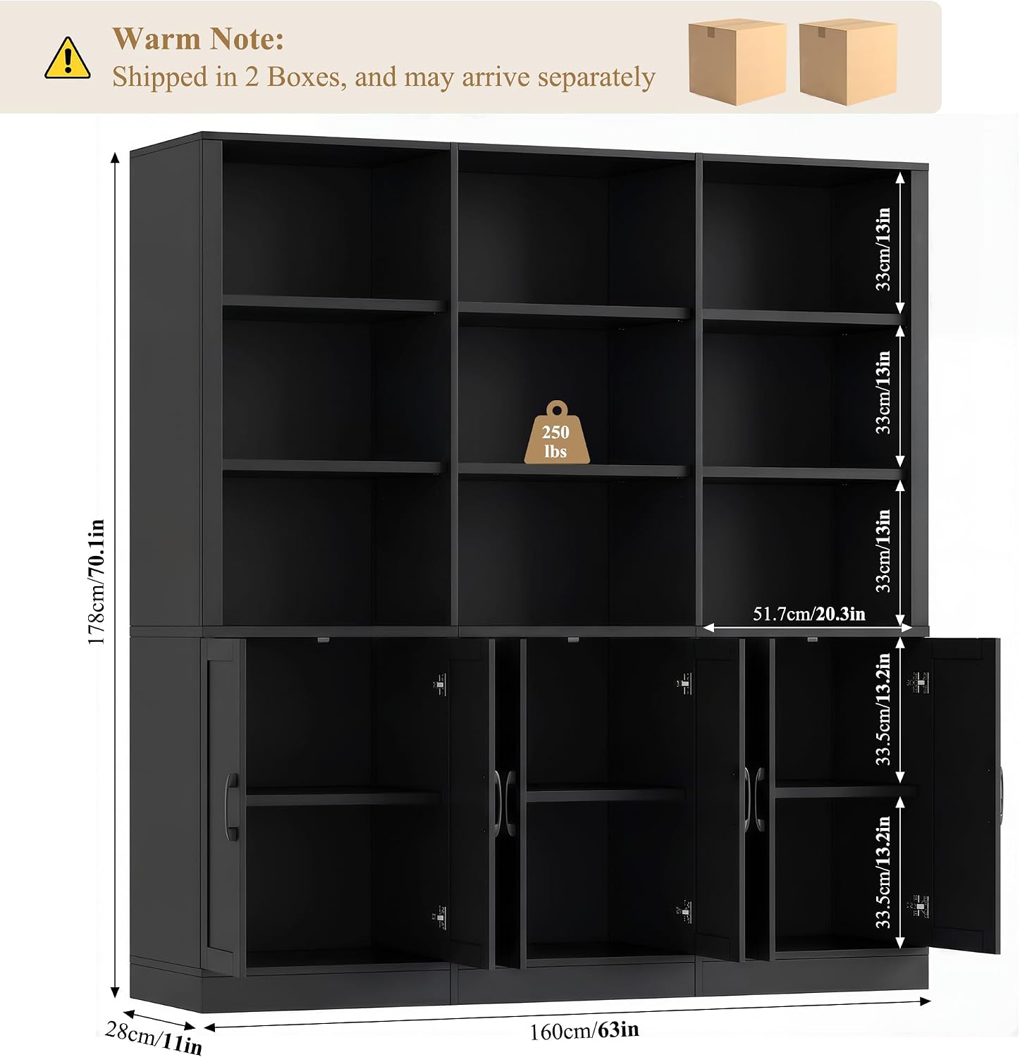 70” H x 63” W Triple Wide Bookshelf, Tall Bookcase with 6 Doors | 5 Tier Book Shelf with 15 Storage Shelves, Tall Book Case Large Bookshelves with Storage Cabinet for Home Office, White