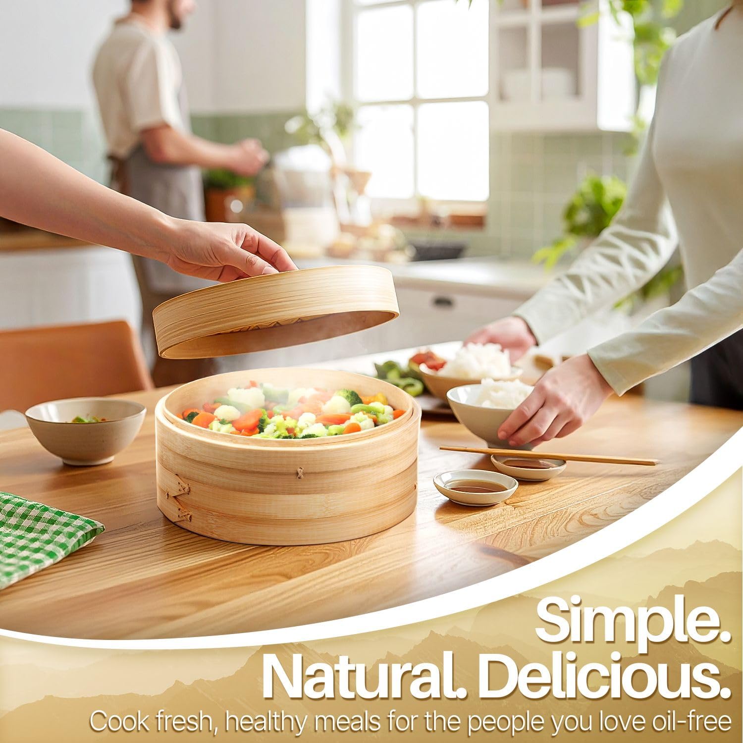 Flexzion Bamboo Steamer Basket Set (8 inch), 50 x Steamer Liners and 2 Pairs of Chopsticks, Steam Baskets for DimSum Dumplings, Rice, Vegetables