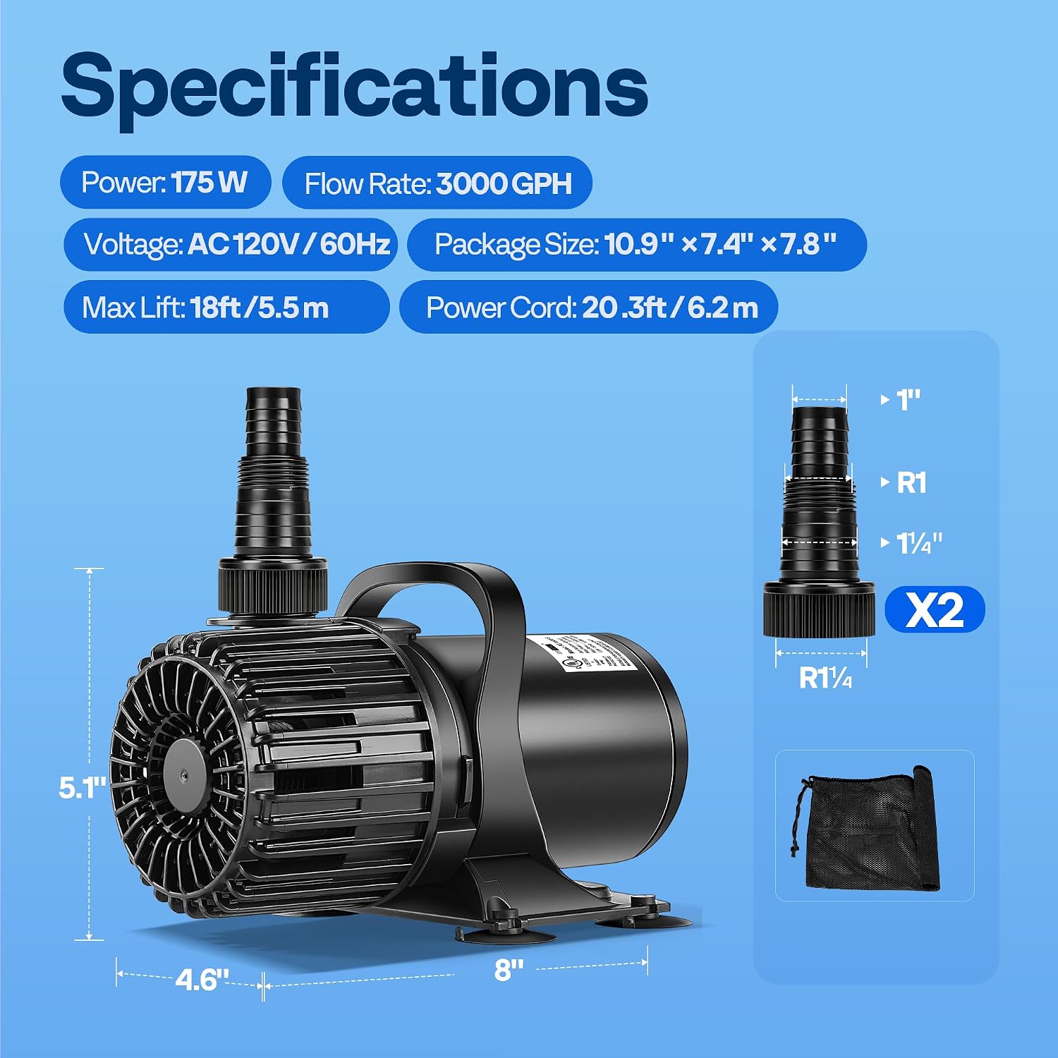 VIVOHOME 100W Pond Pump, 1600GPH Submersible Water Pump for Koi Pond