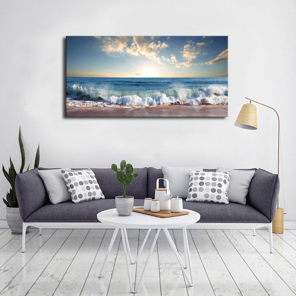arteWOODS Ocean Wave Canvas Wall Art Beach Sunset Pictures Coastal Nature Artwork Blue Sea Painting Prints for Living Room Bedroom Home Office Decoration 20" x 40"